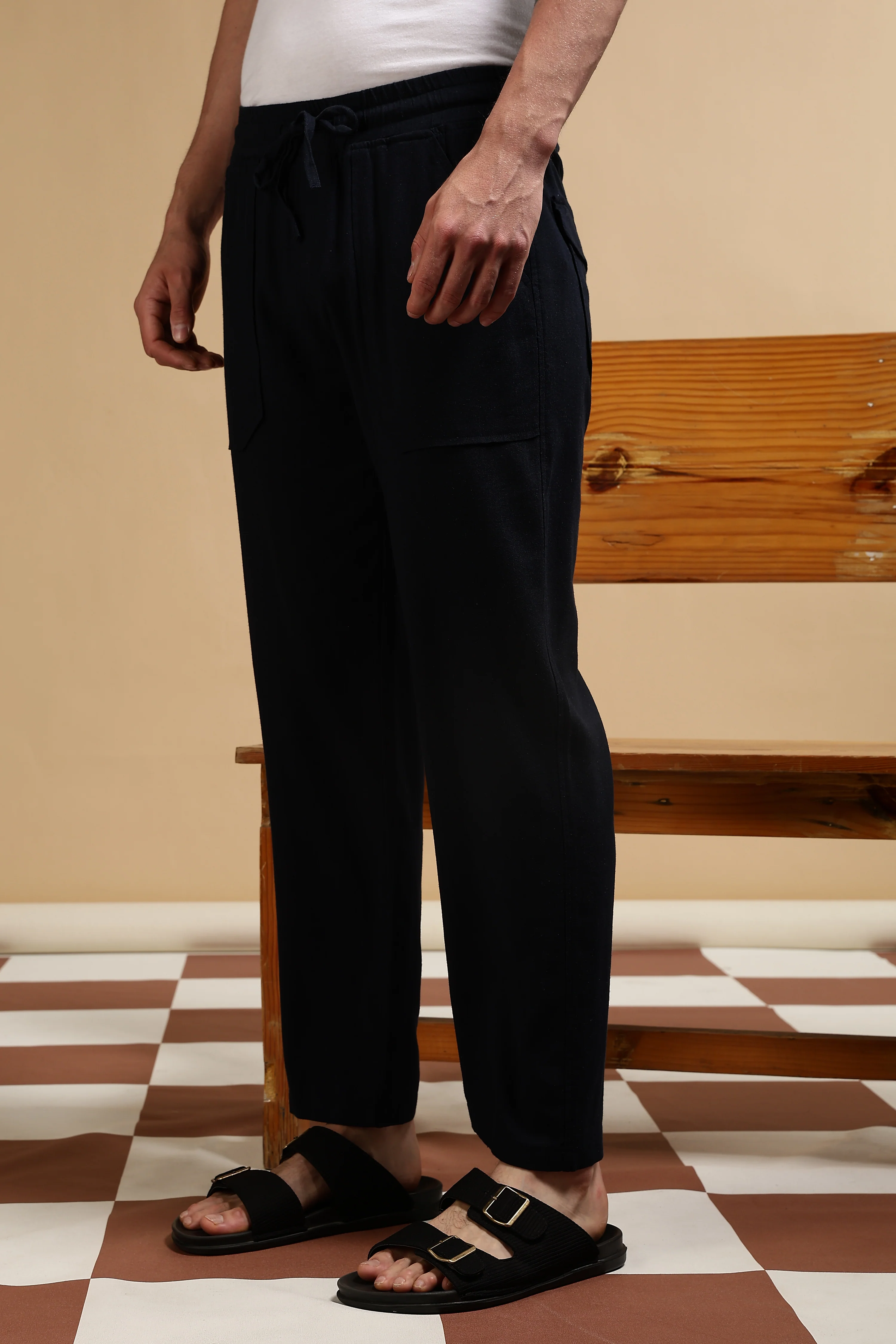 Men Navy Blue Linen Blend Loose Fit Drawcord Trousers - Image 5