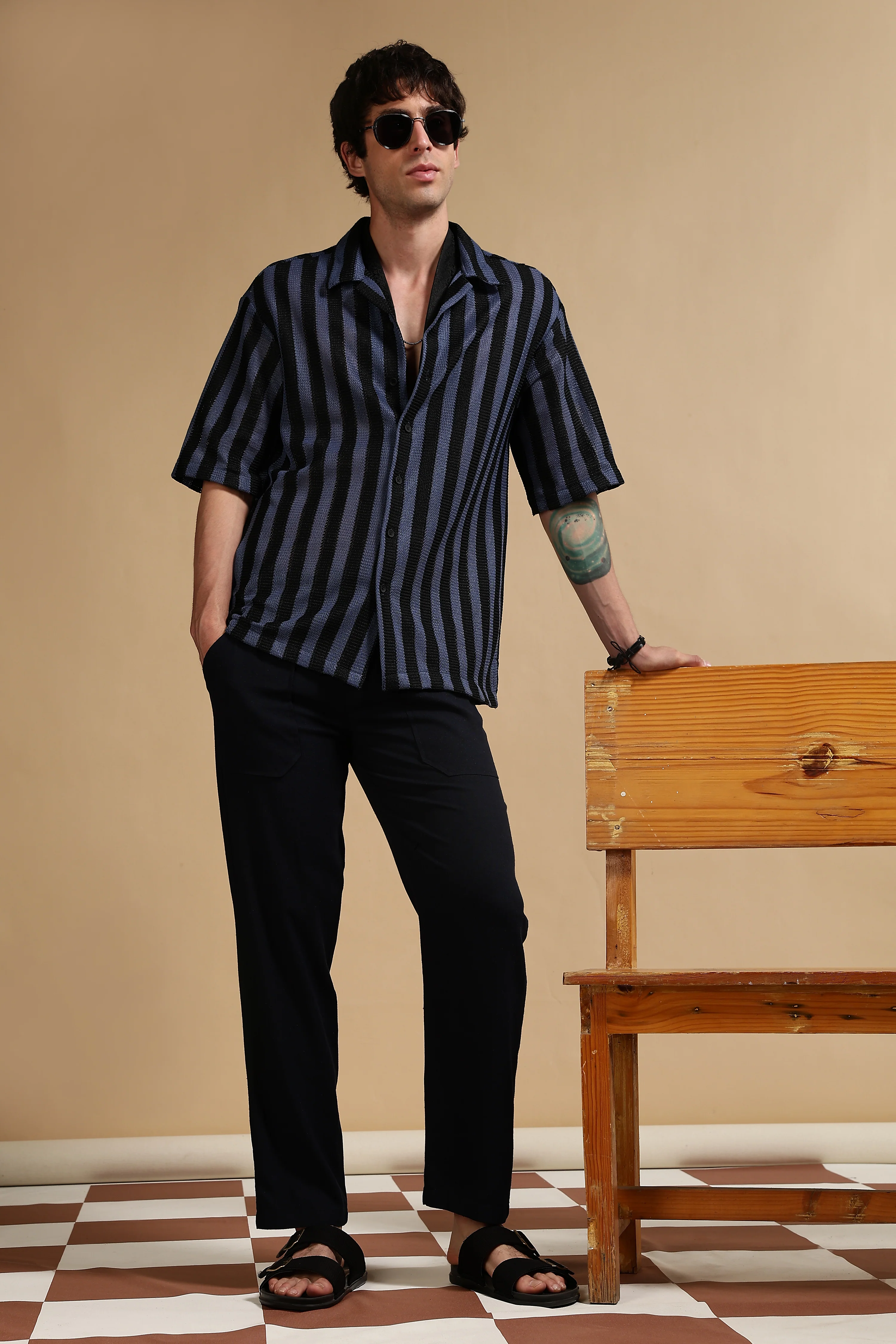 Men Navy Blue Linen Blend Loose Fit Drawcord Trousers - Image 6