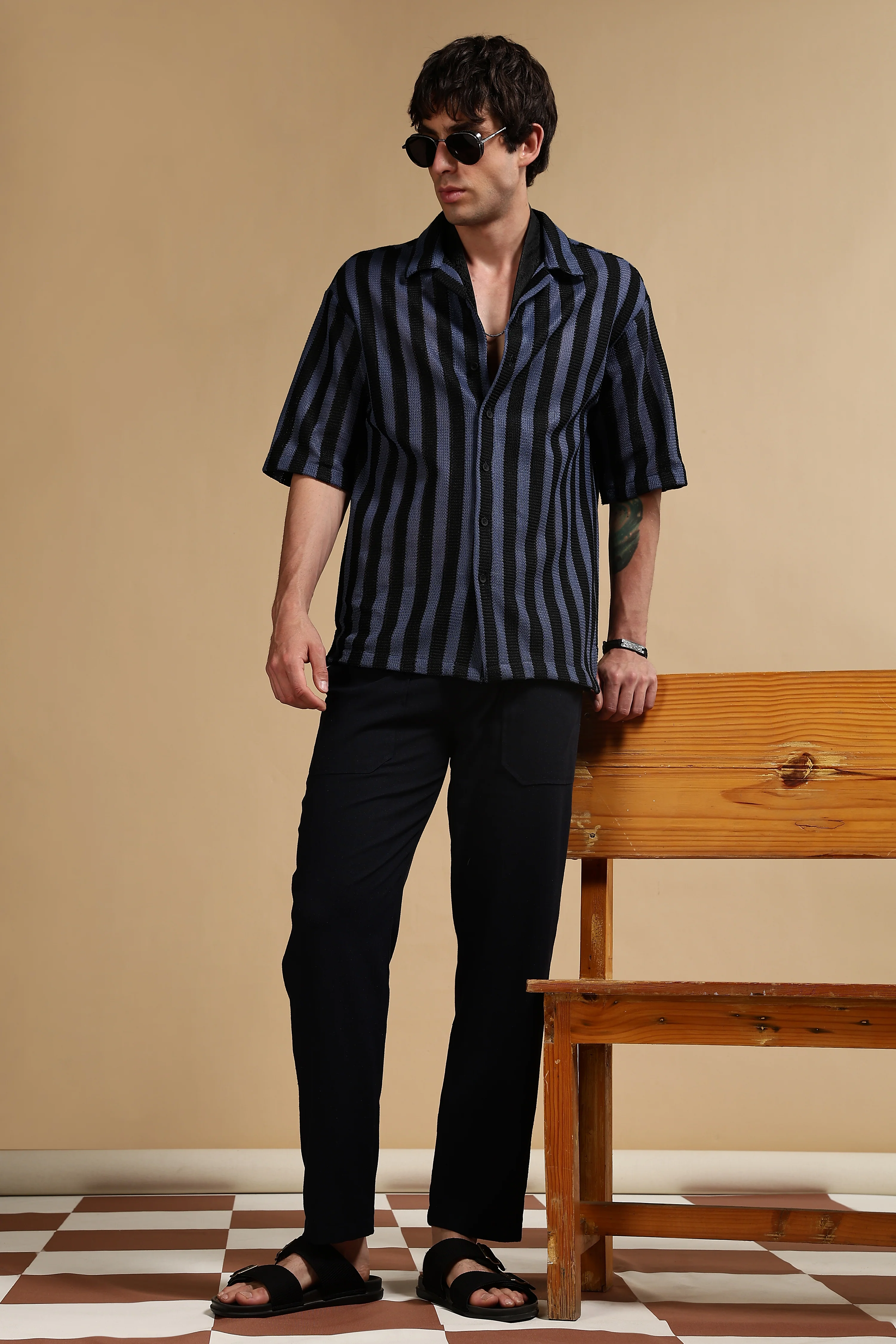 Men Navy Blue Linen Blend Loose Fit Drawcord Trousers - Image 7