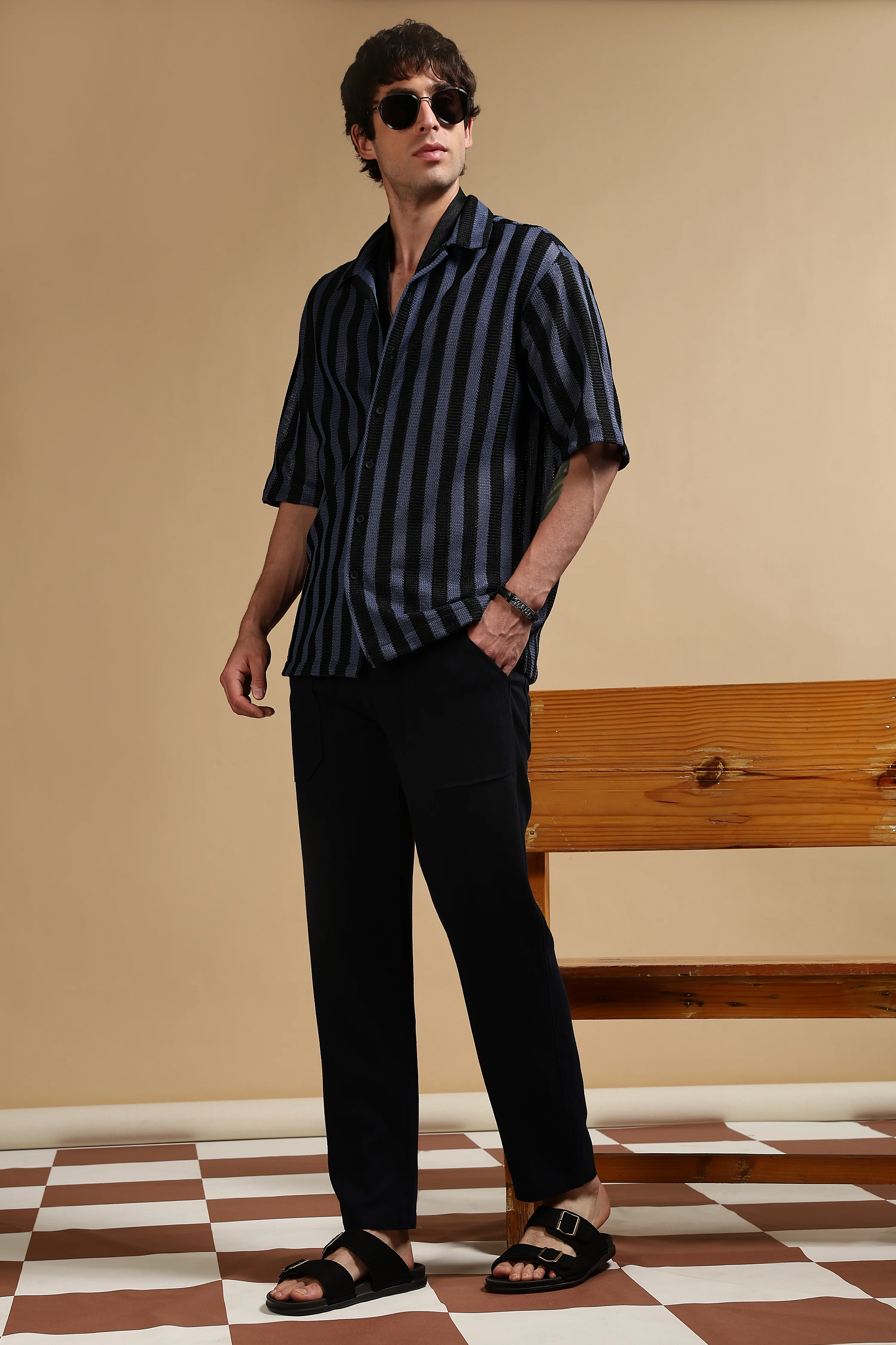 Men Navy Blue Linen Blend Loose Fit Drawcord Trousers - Image 8