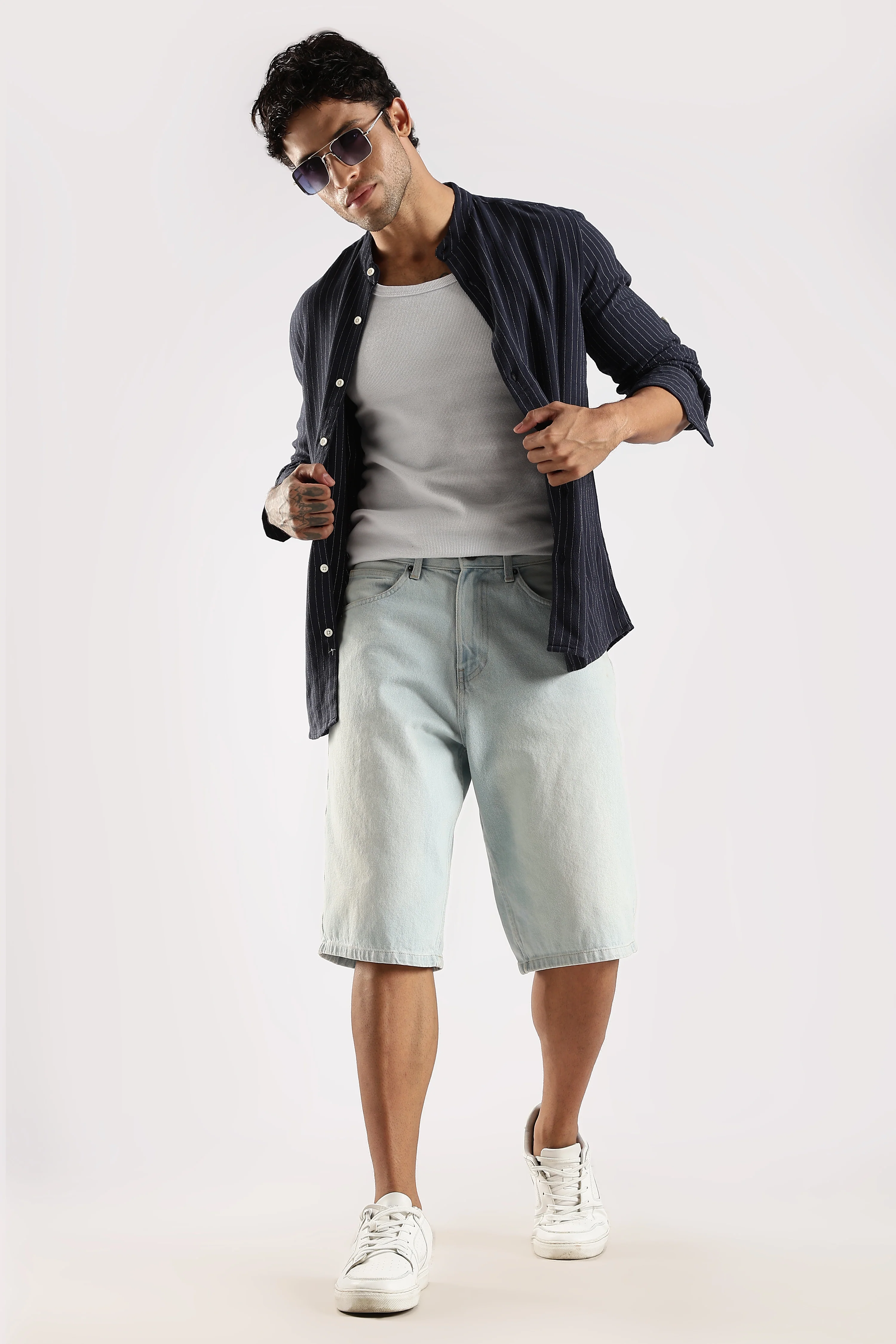 Men Navy Blue Linen Blend Striped Shirt - Image 10