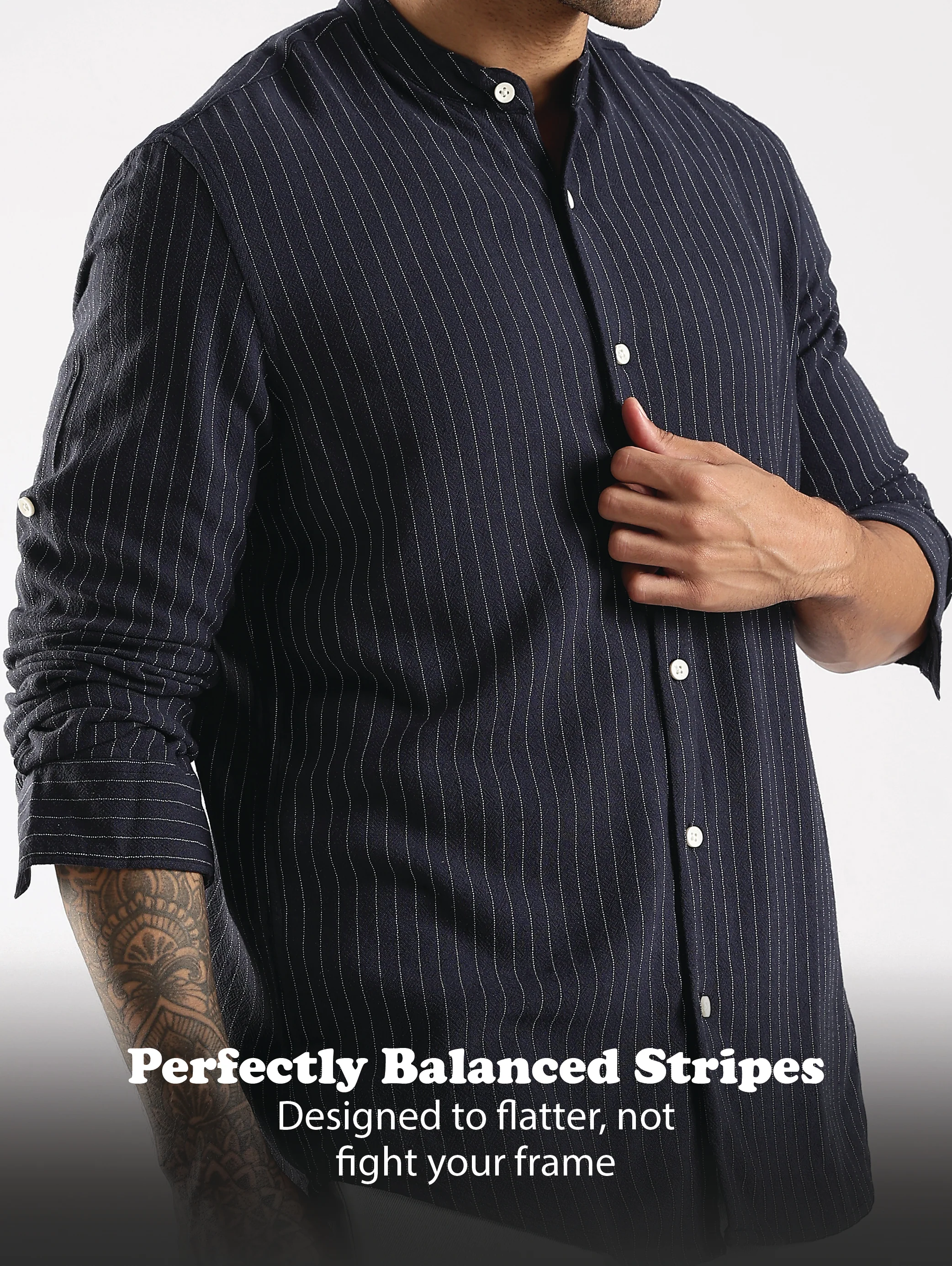 Men Navy Blue Linen Blend Striped Shirt - Image 11