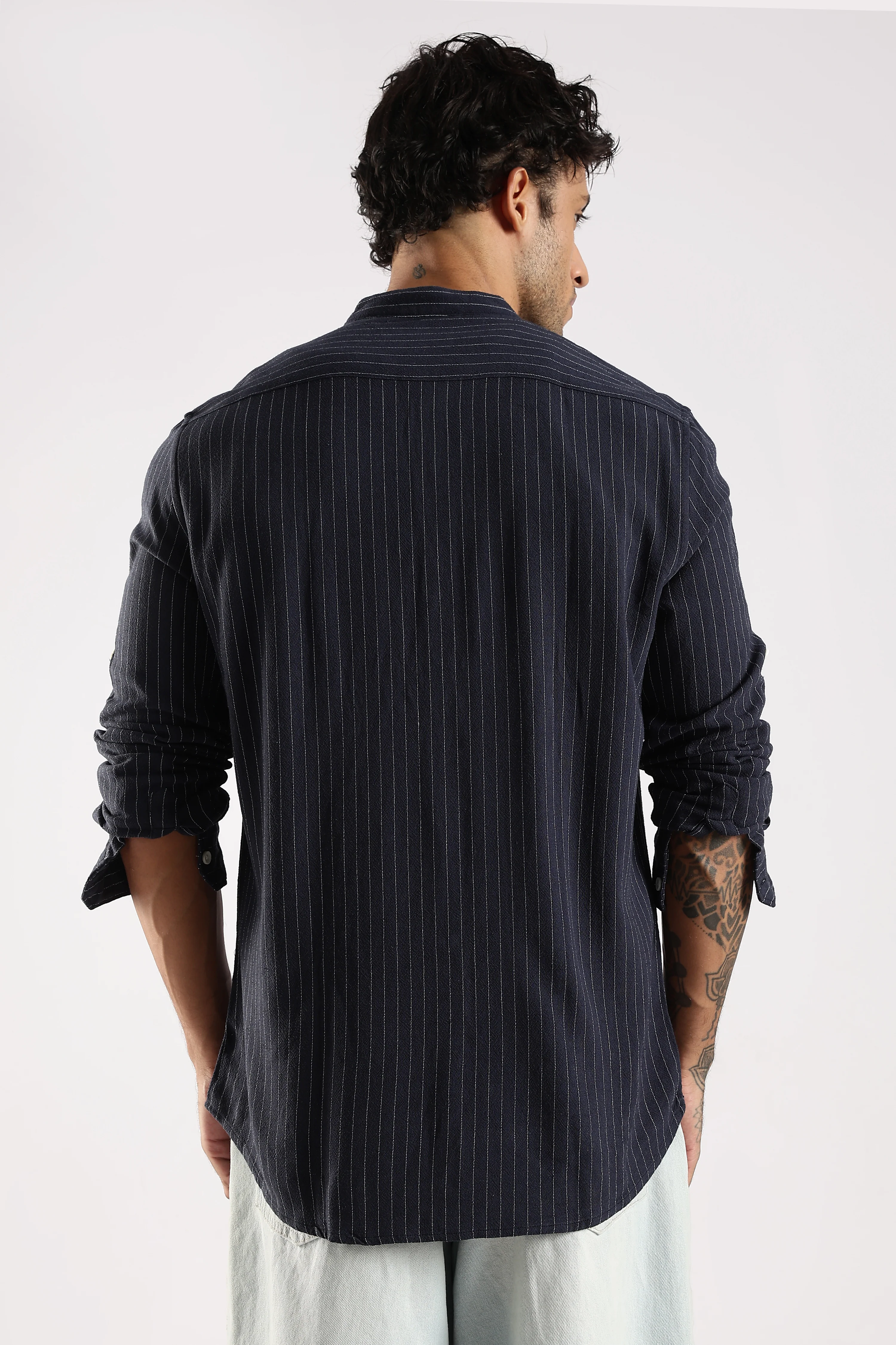 Men Navy Blue Linen Blend Striped Shirt - Image 2