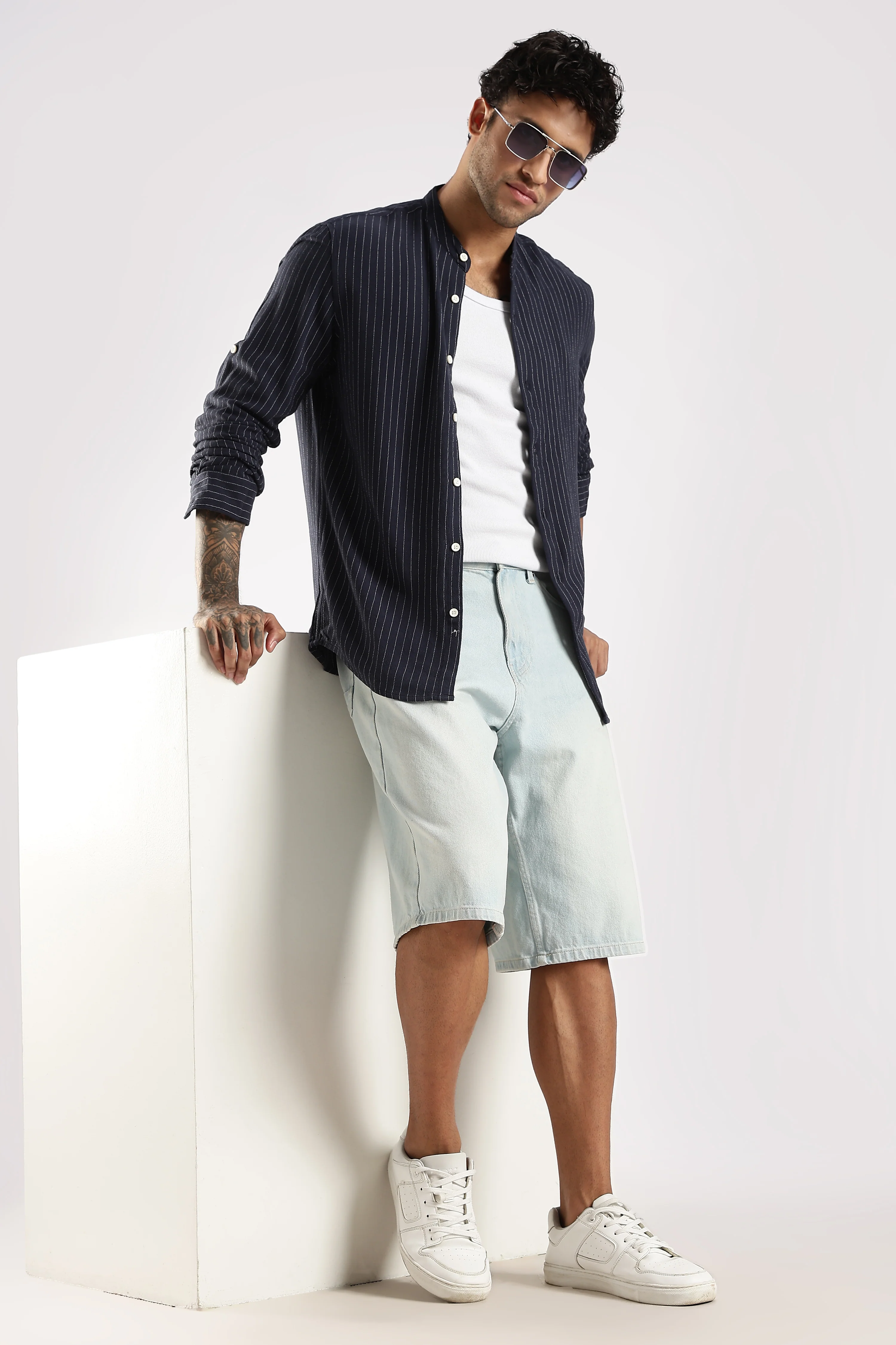 Men Navy Blue Linen Blend Striped Shirt - Image 3