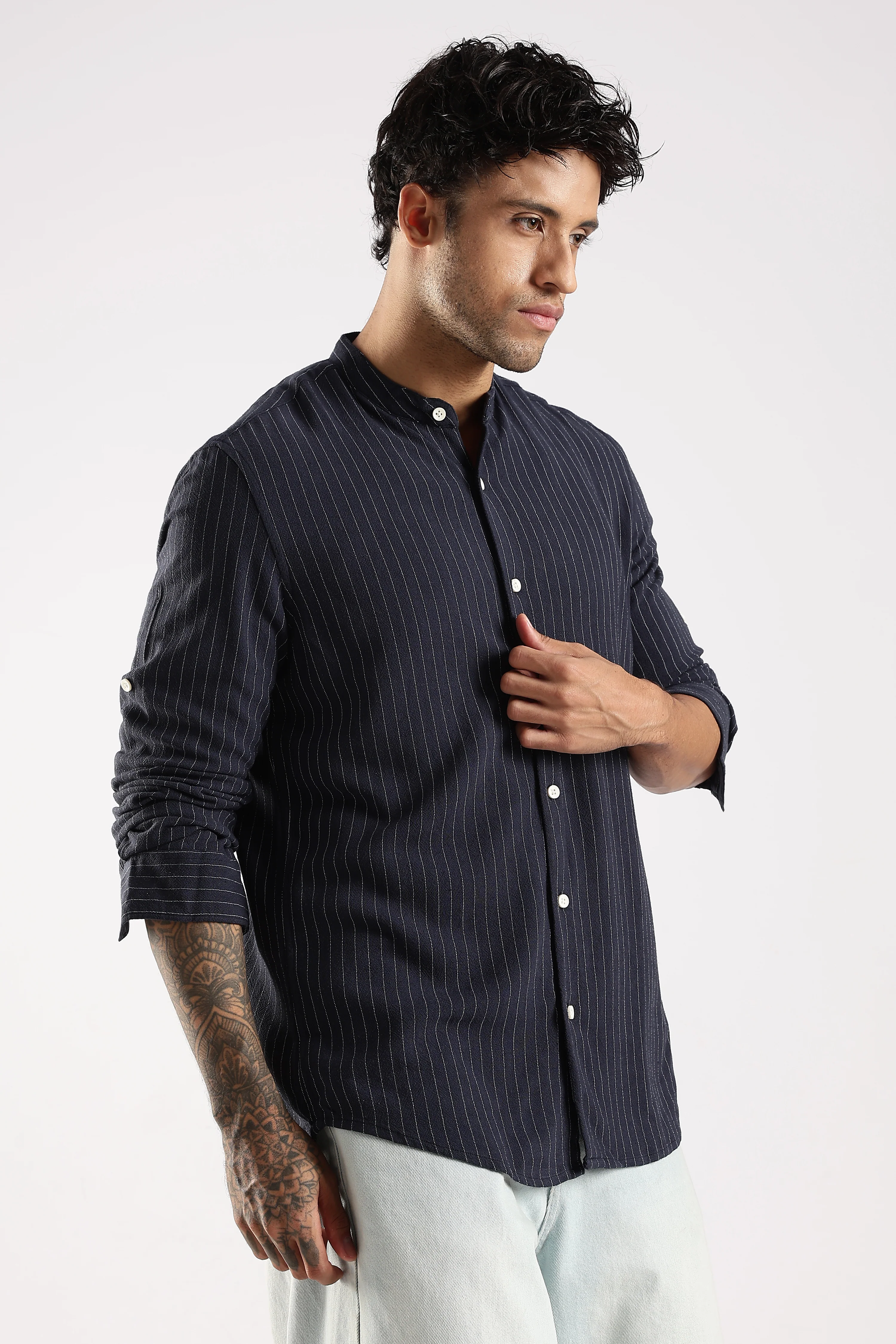 Men Navy Blue Linen Blend Striped Shirt - Image 4