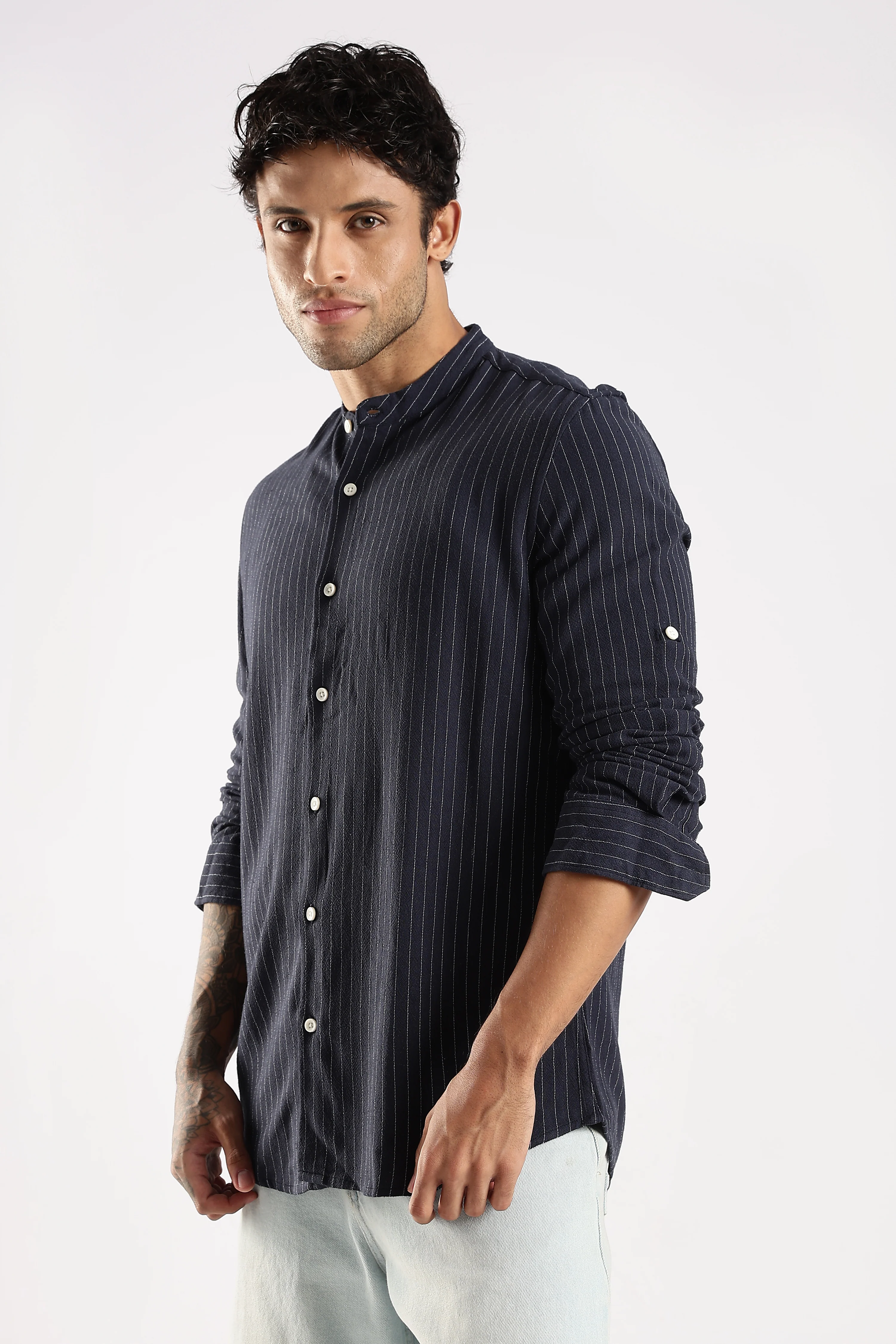 Men Navy Blue Linen Blend Striped Shirt - Image 5