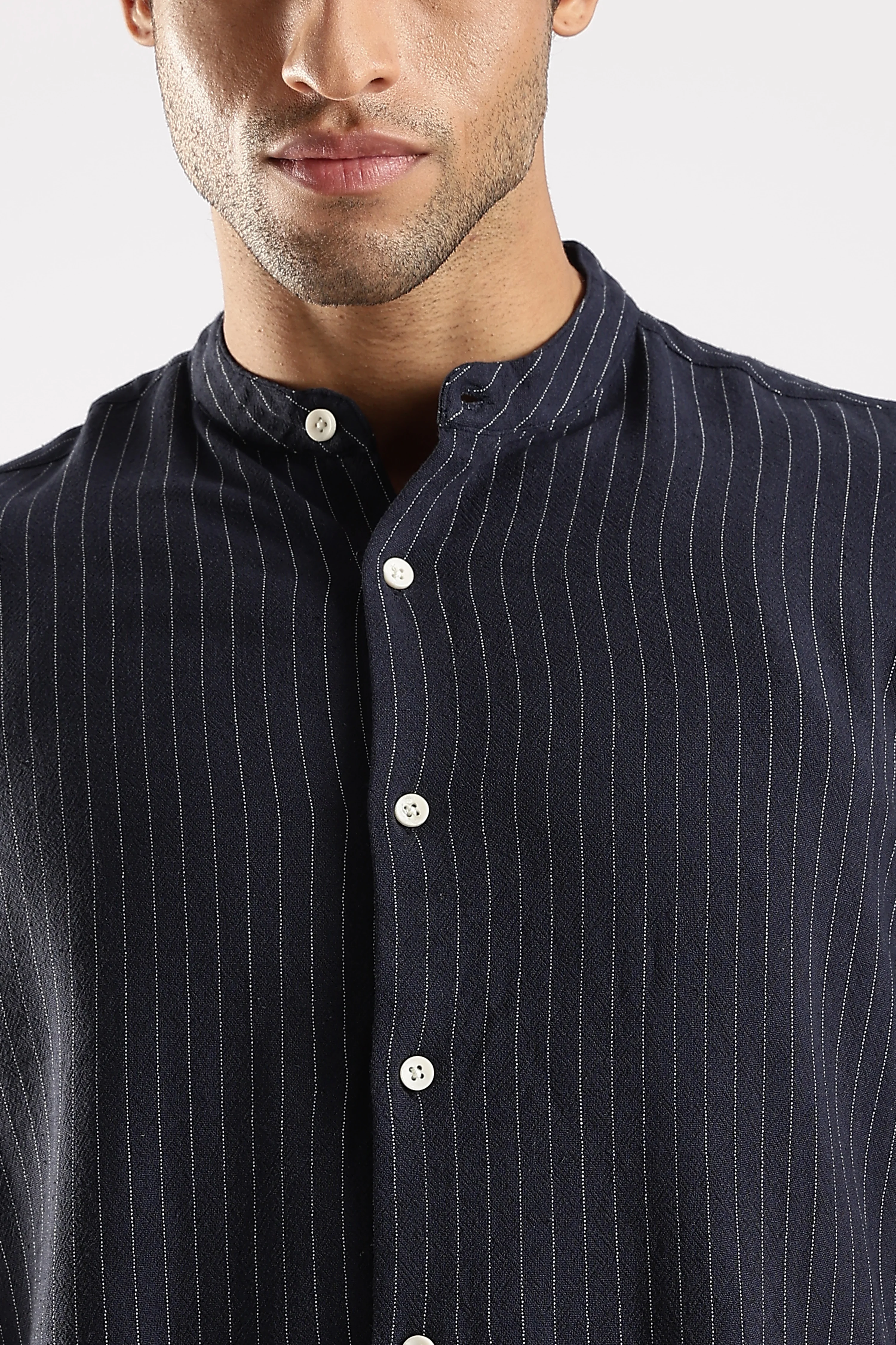 Men Navy Blue Linen Blend Striped Shirt - Image 6