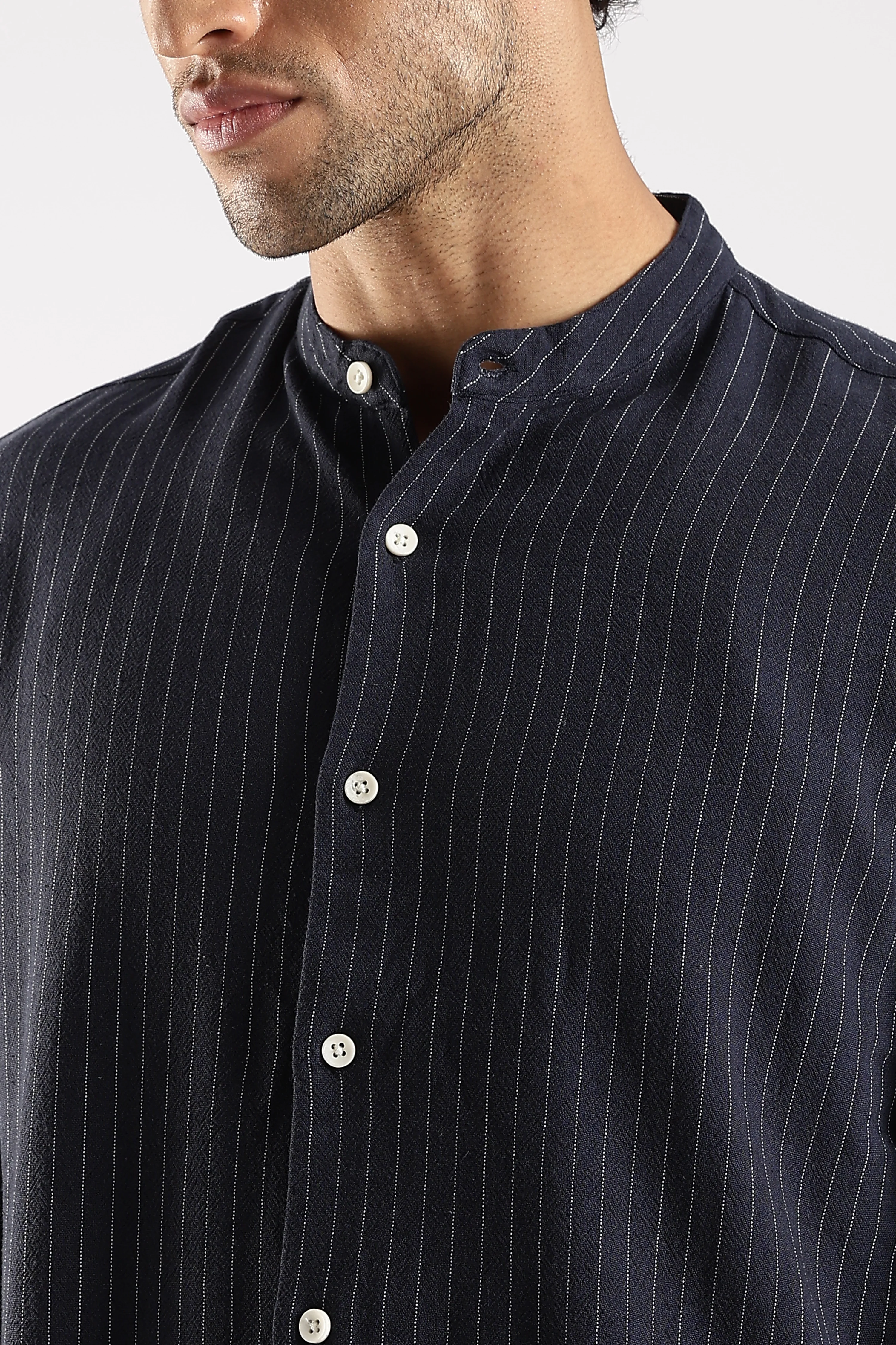 Men Navy Blue Linen Blend Striped Shirt - Image 7
