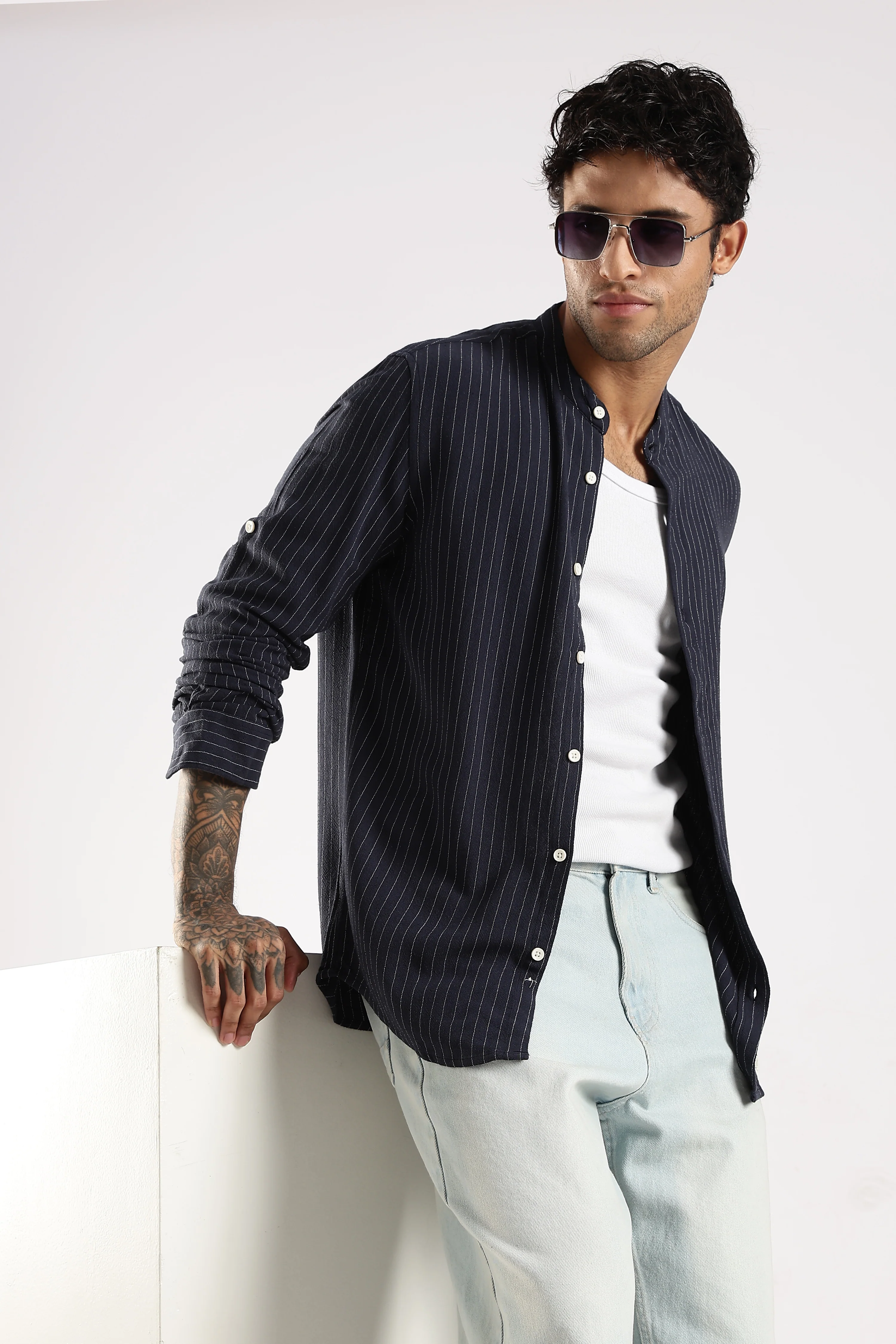 Men Navy Blue Linen Blend Striped Shirt - Image 8