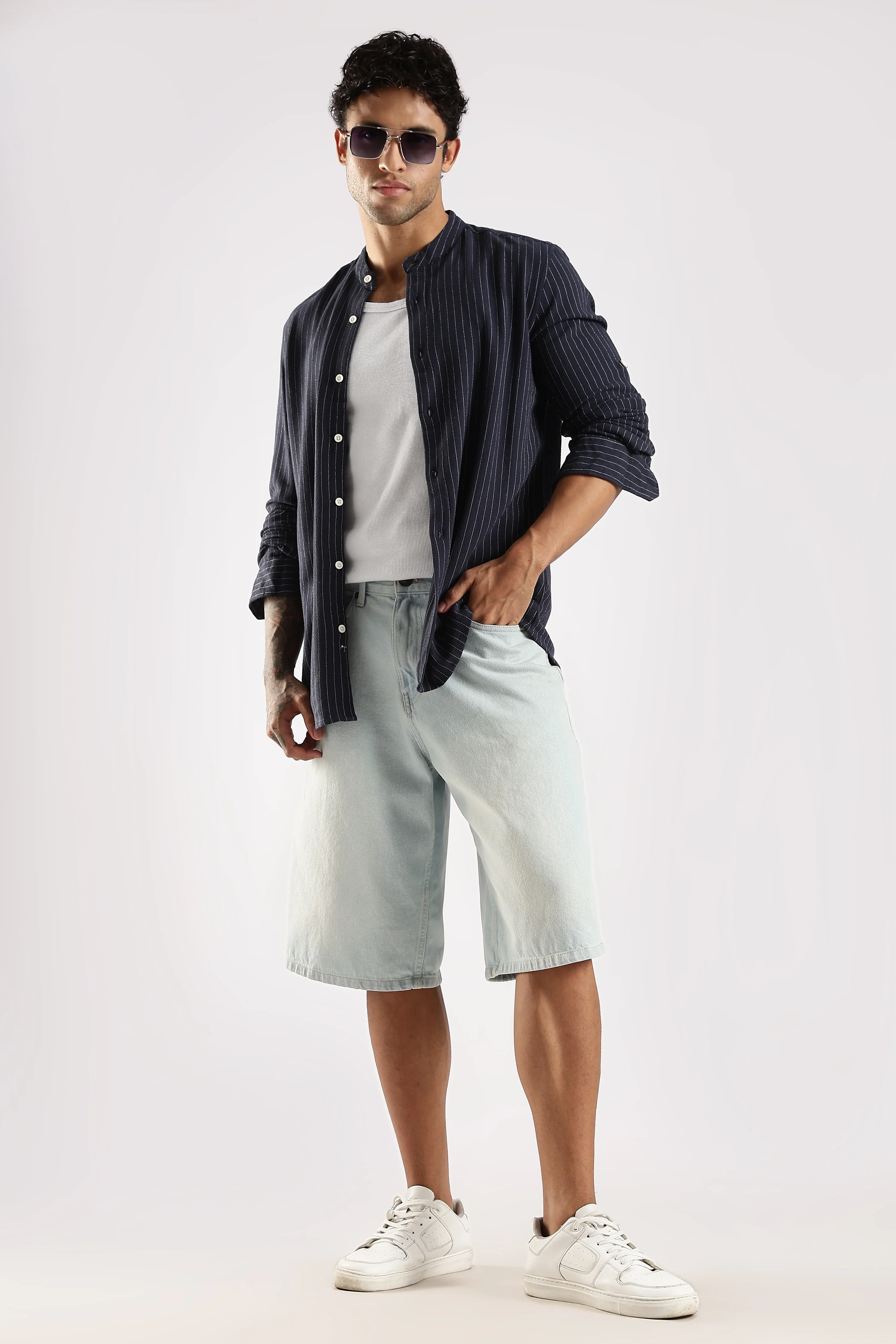 Men Navy Blue Linen Blend Striped Shirt - Image 9