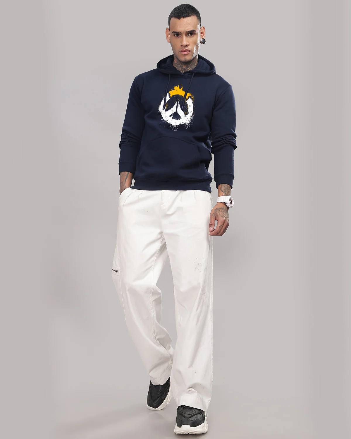 Men Navy Blue Long Lasting Printed Hoodie