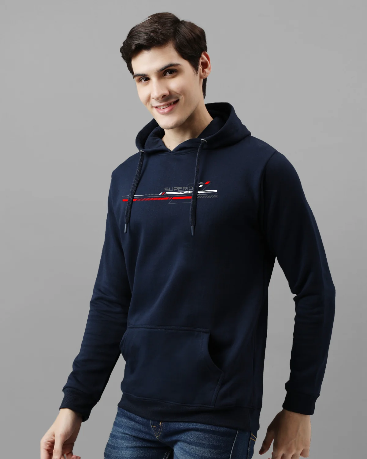 Men Navy Blue Long Lasting Printed Hoodie - Image 2