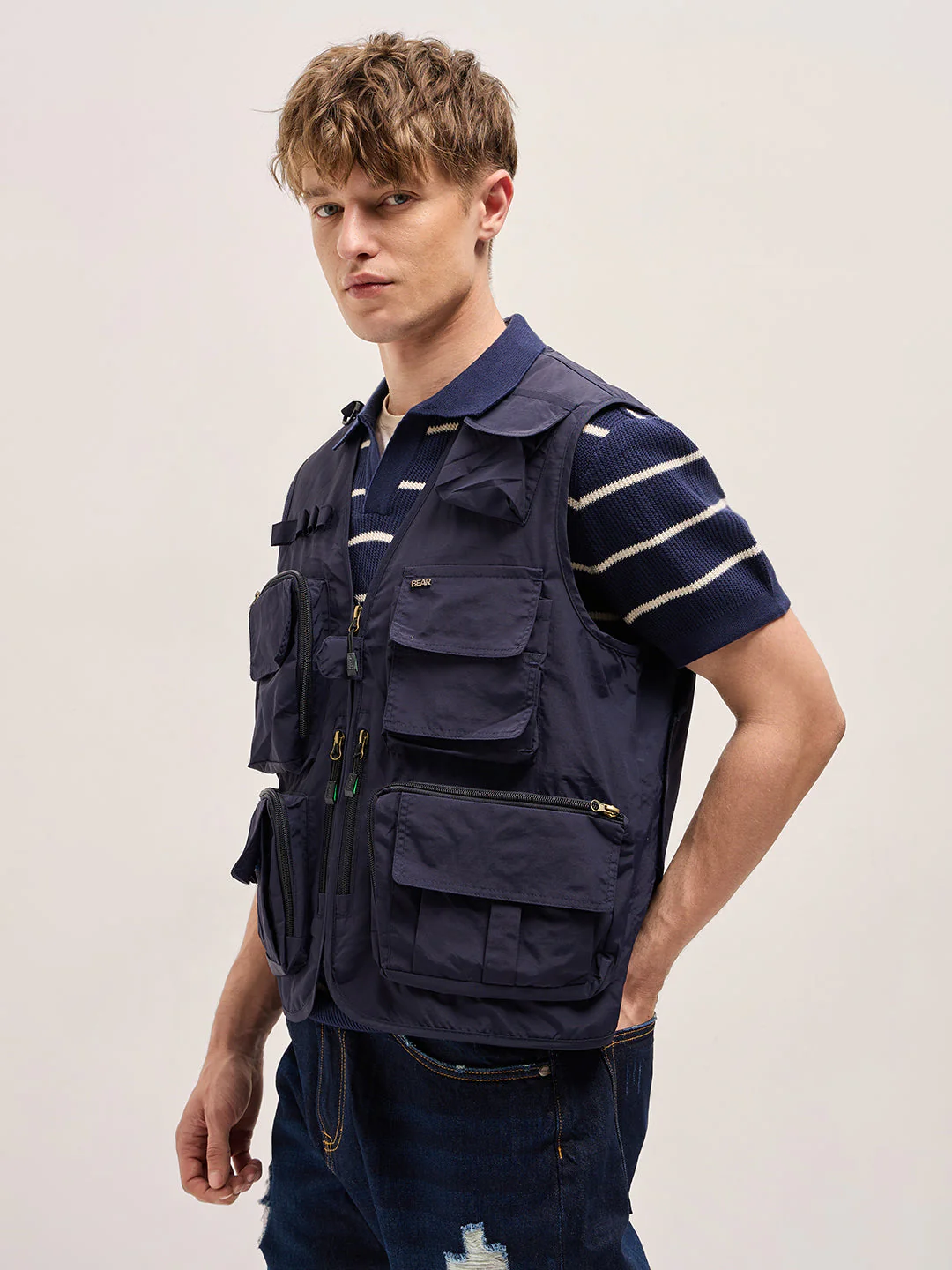 Men Navy Blue Outdoor Utility Multi-Pocket Vest Jacket - Image 3