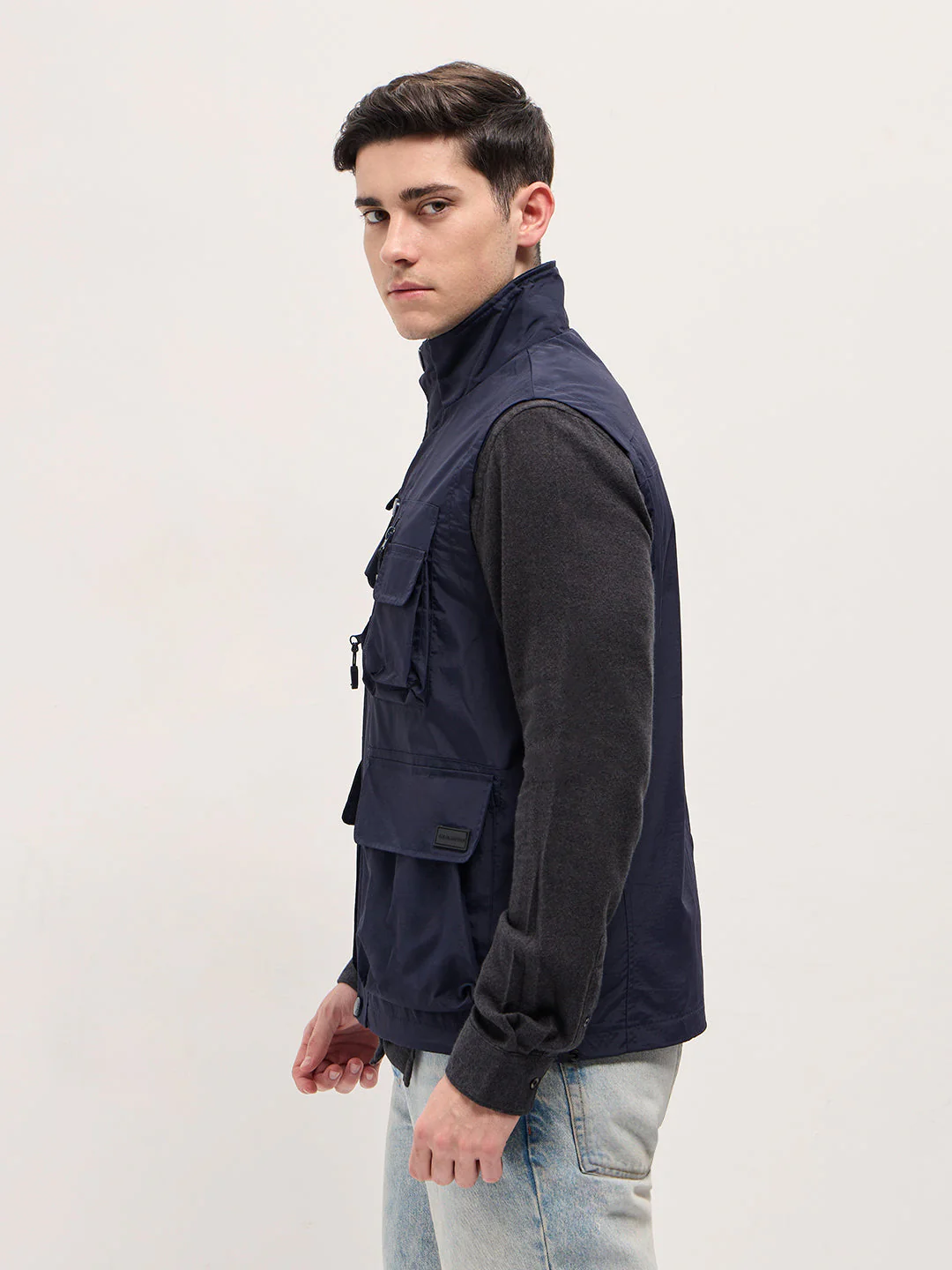 Men Navy Blue Outdoor Utility Multi-Pocket Vest Jacket - Image 3