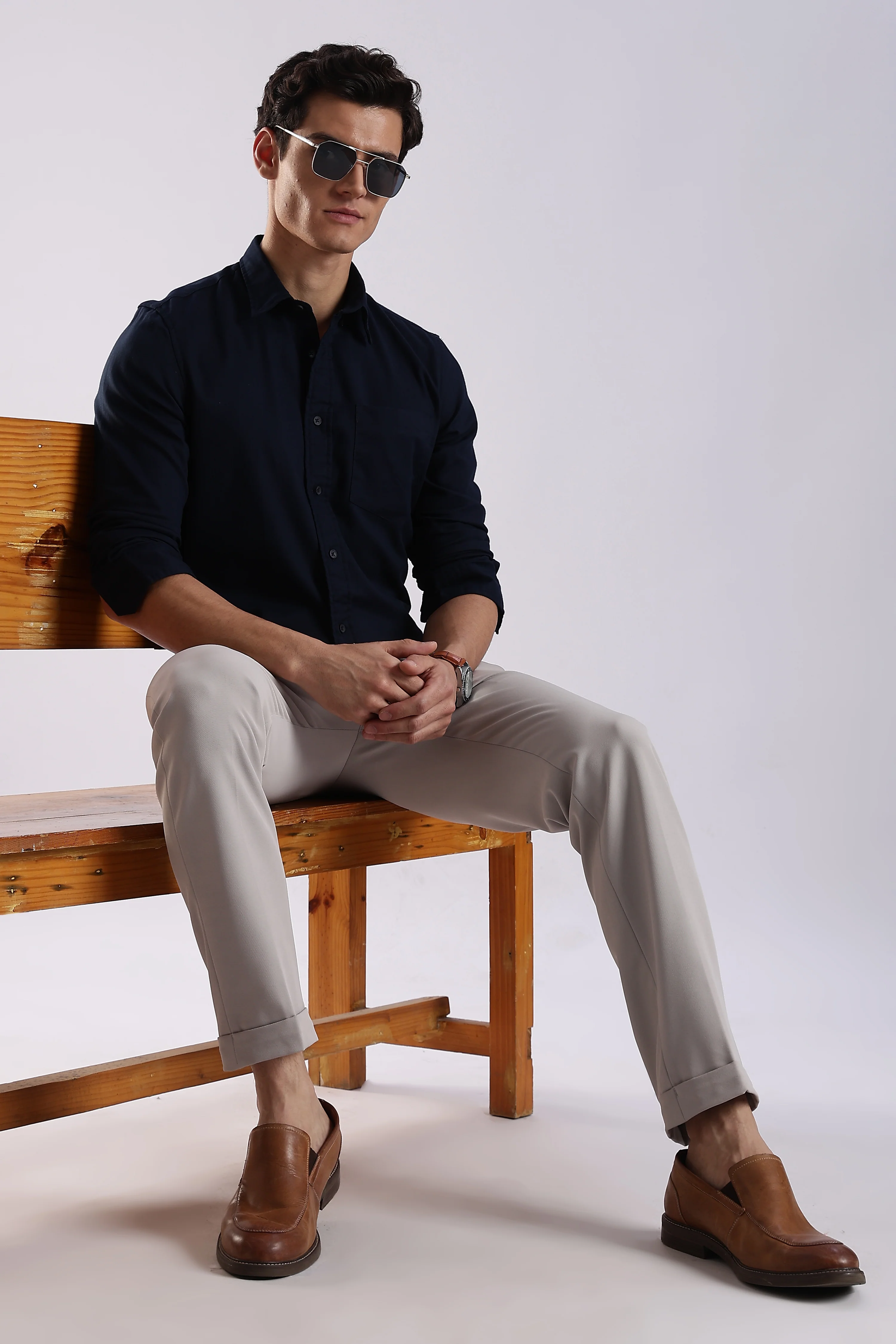 Men Navy Blue Oxford Solid Shirt - Image 10