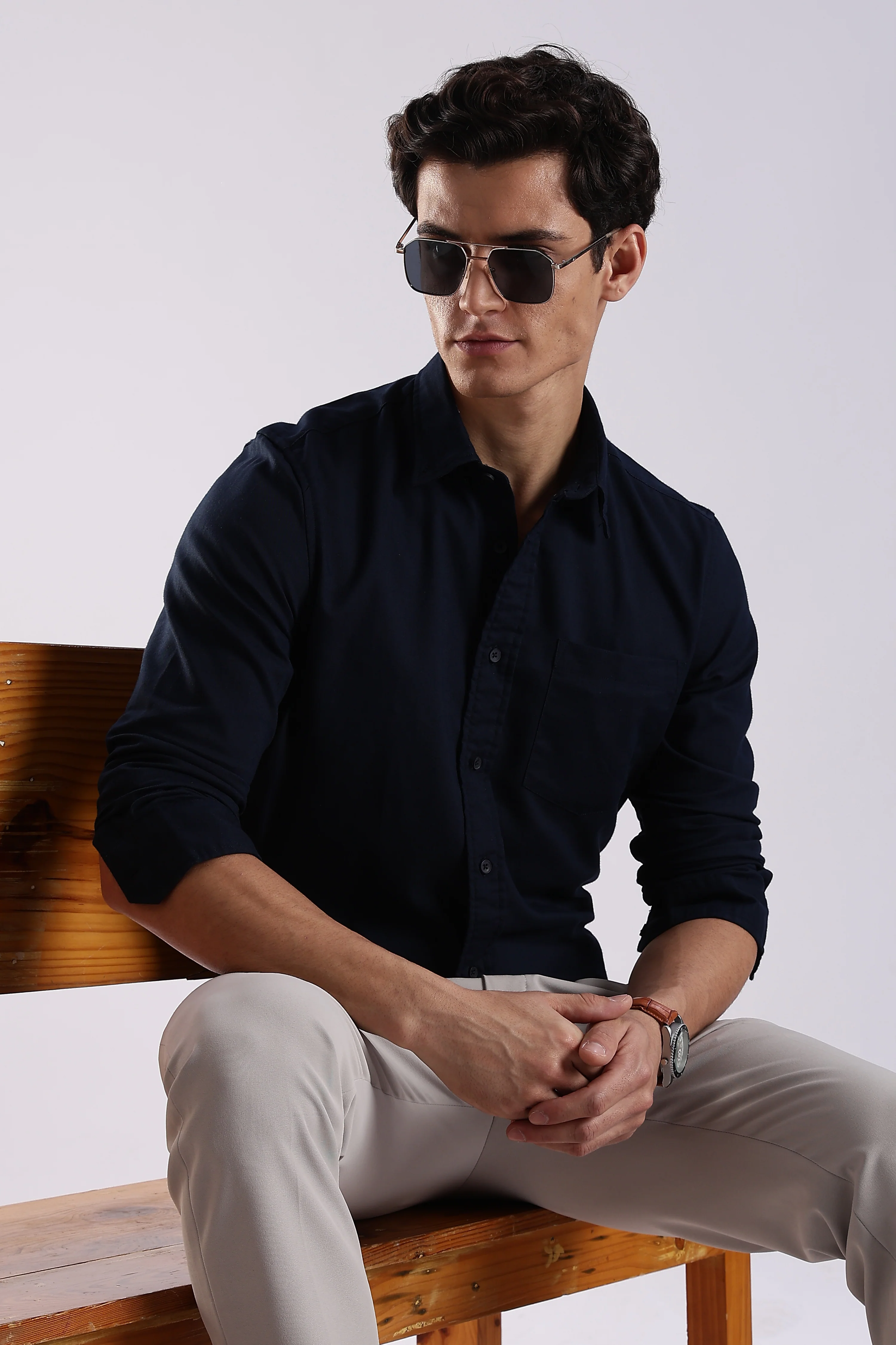 Men Navy Blue Oxford Solid Shirt - Image 11