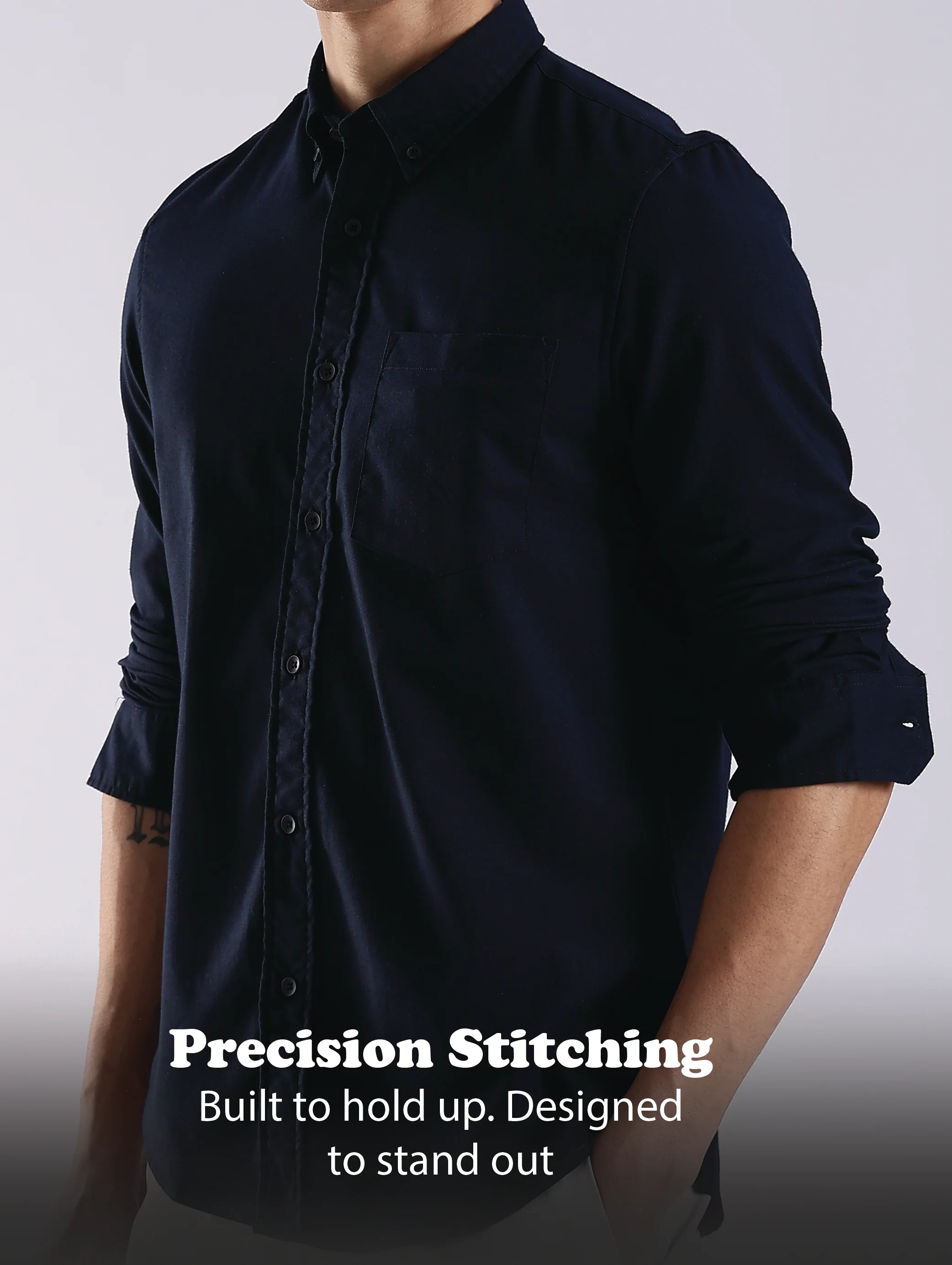 Men Navy Blue Oxford Solid Shirt - Image 13