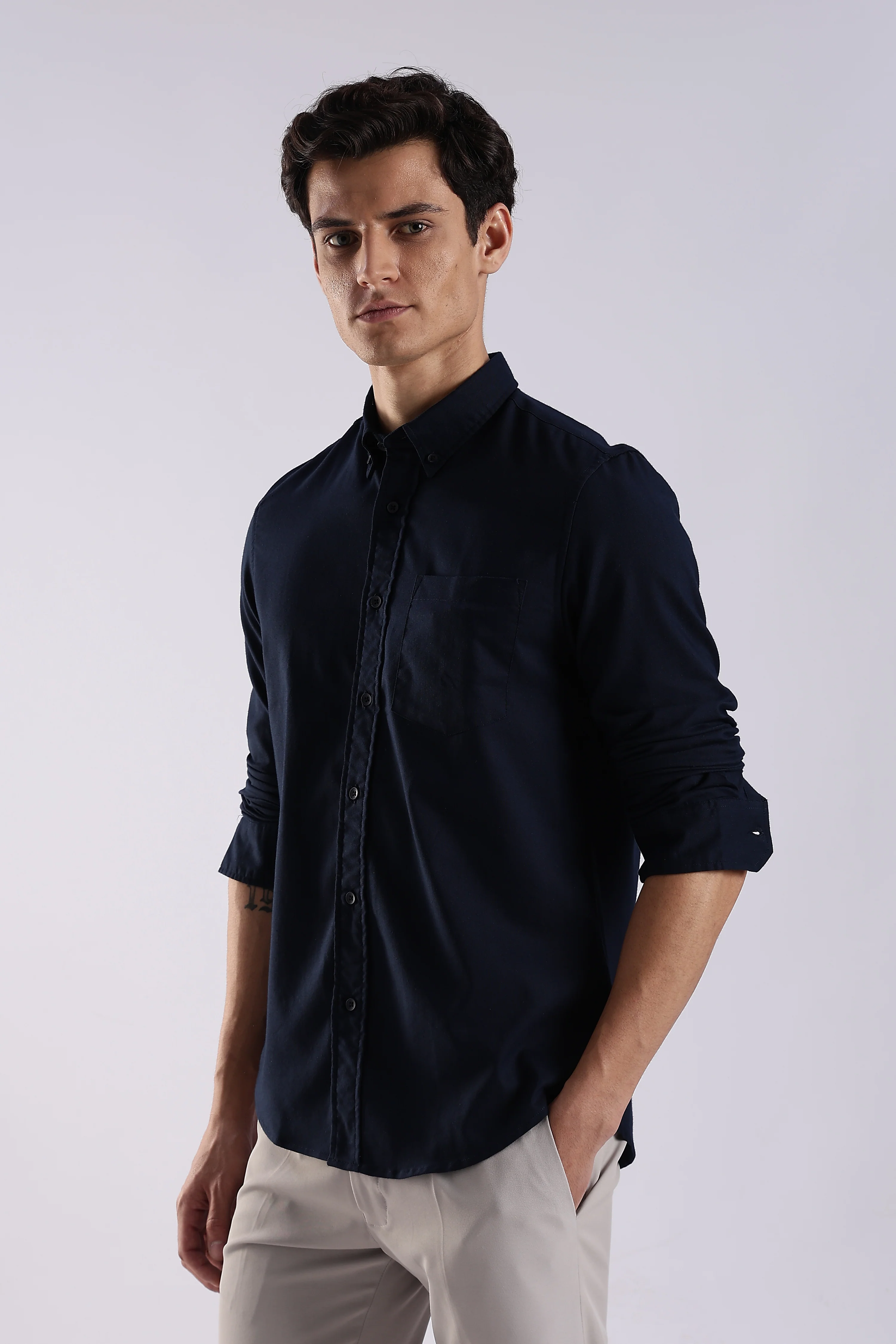 Men Navy Blue Oxford Solid Shirt - Image 3