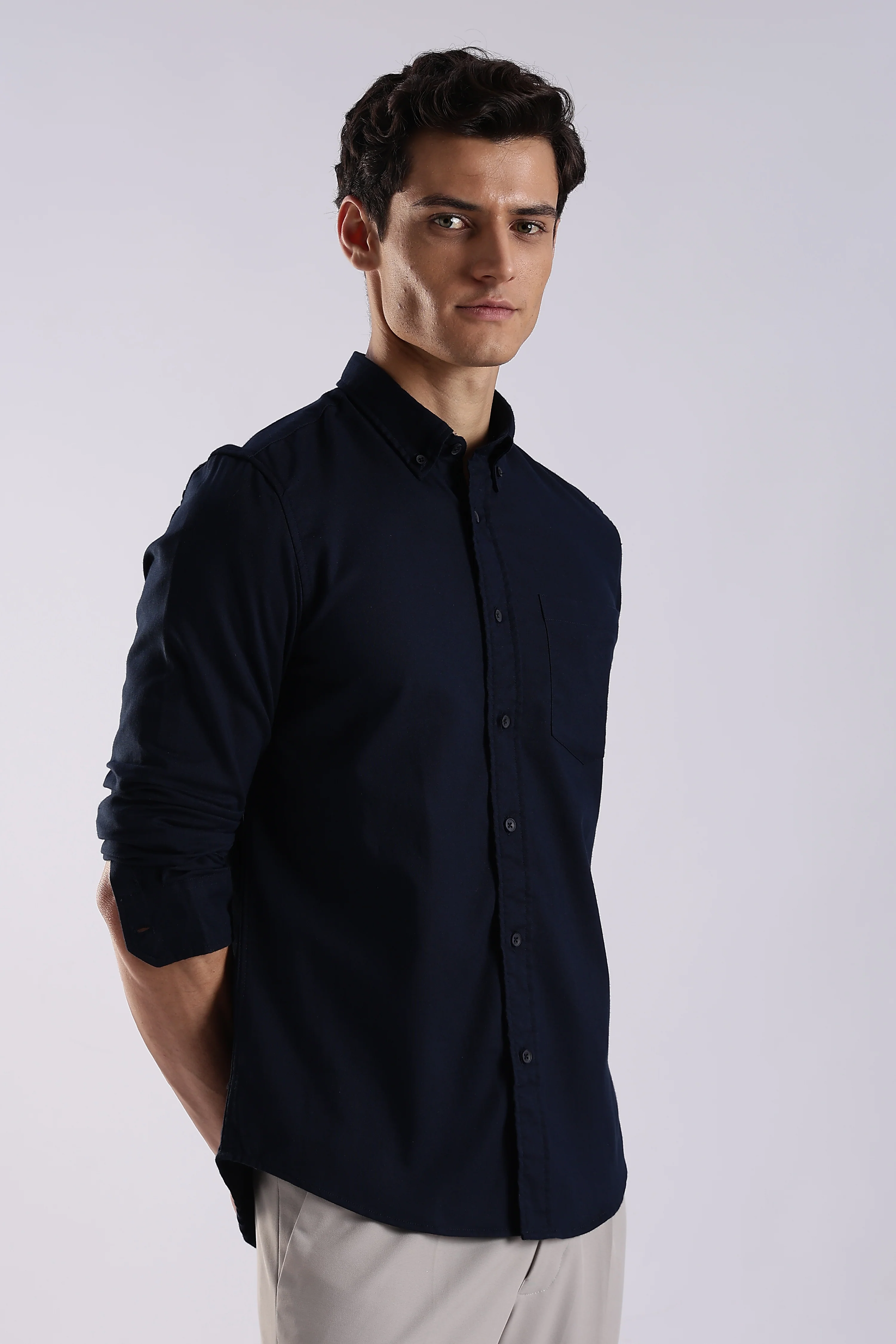 Men Navy Blue Oxford Solid Shirt - Image 5