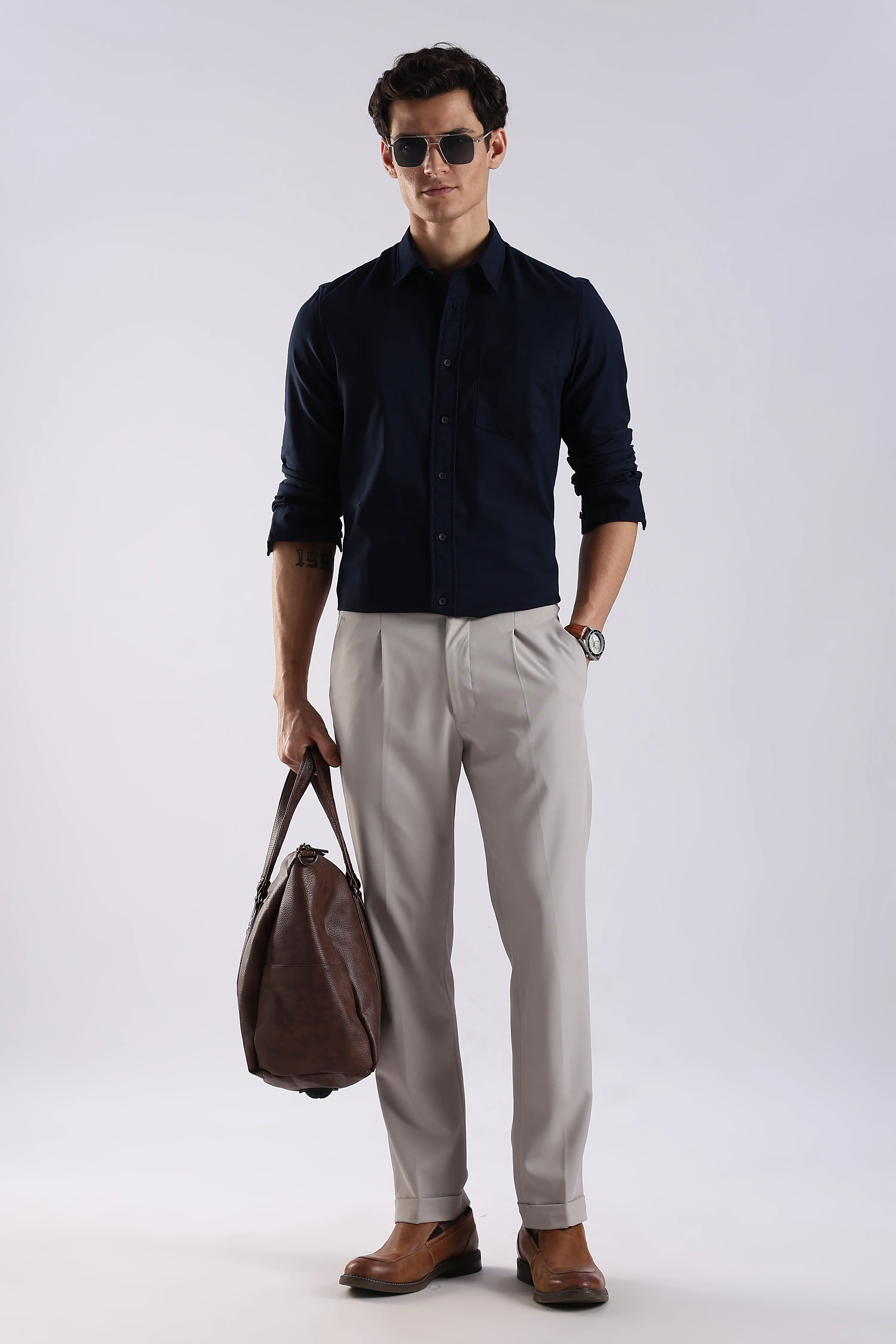 Men Navy Blue Oxford Solid Shirt - Image 7