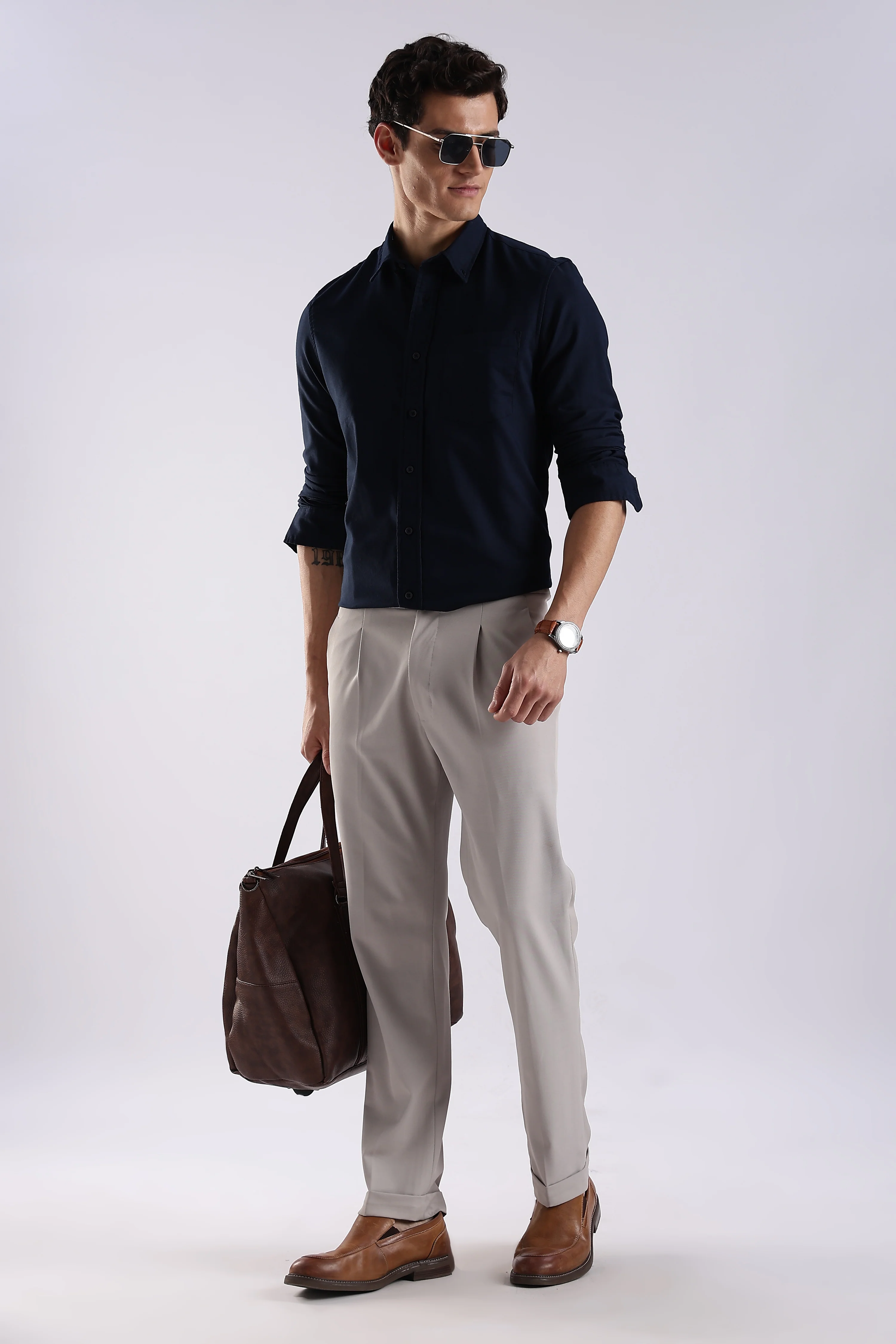 Men Navy Blue Oxford Solid Shirt - Image 9