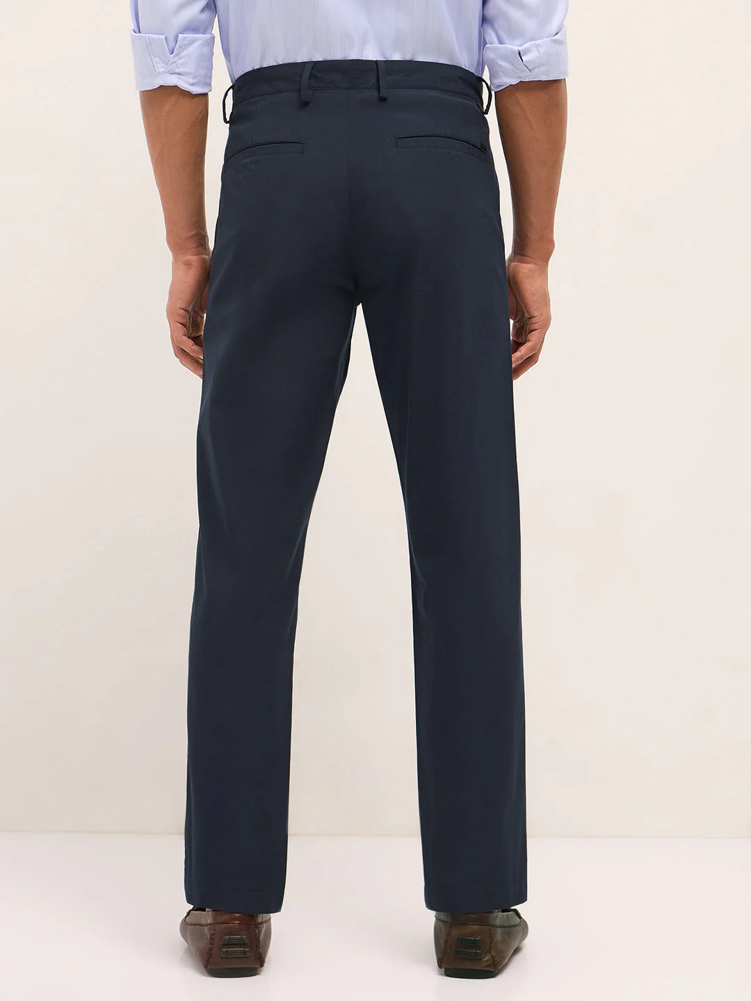 Men Navy Blue Poly Cotton Solid Regular Fit Formal Trousers - Image 2