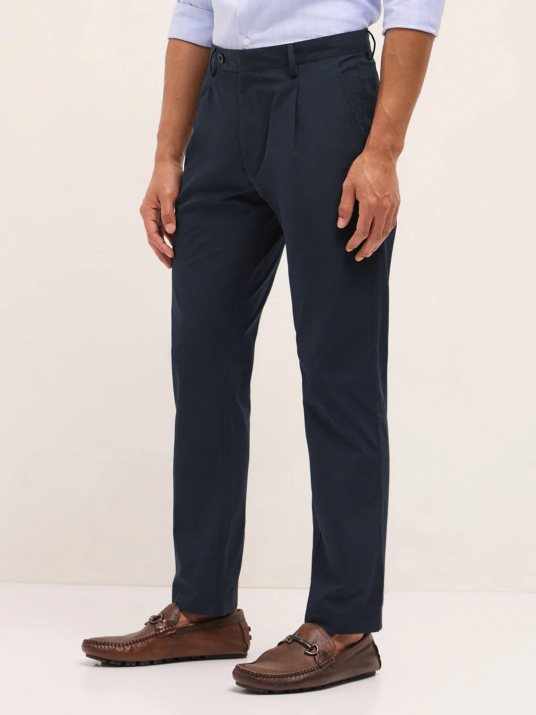 Men Navy Blue Poly Cotton Solid Regular Fit Formal Trousers - Image 3