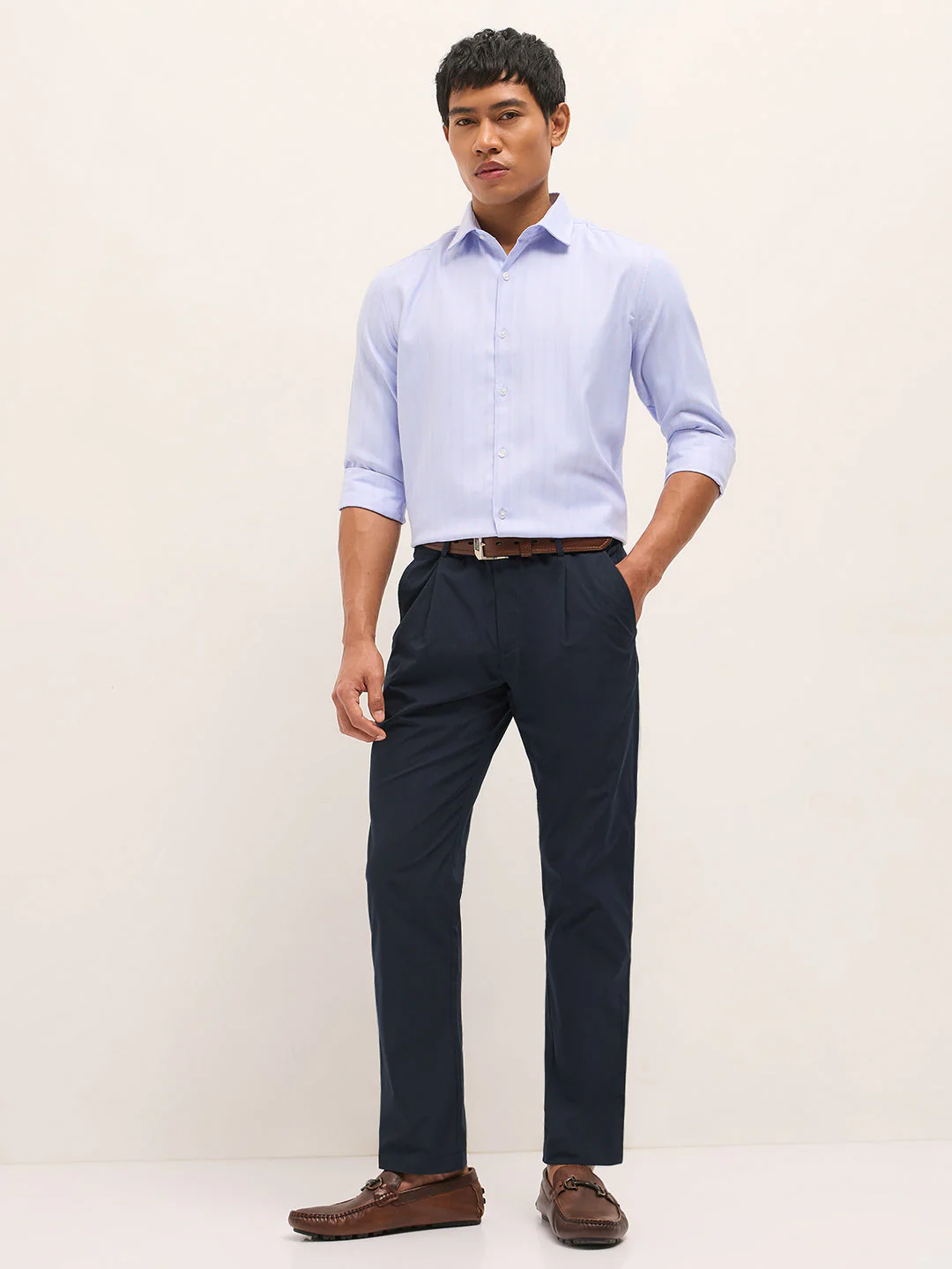 Men Navy Blue Poly Cotton Solid Regular Fit Formal Trousers - Image 4