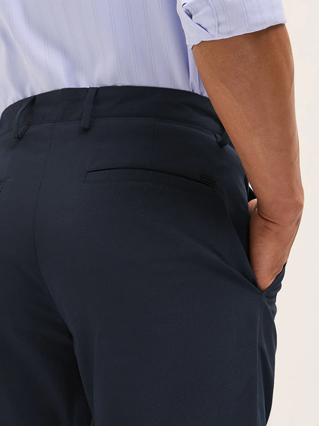 Men Navy Blue Poly Cotton Solid Regular Fit Formal Trousers - Image 6