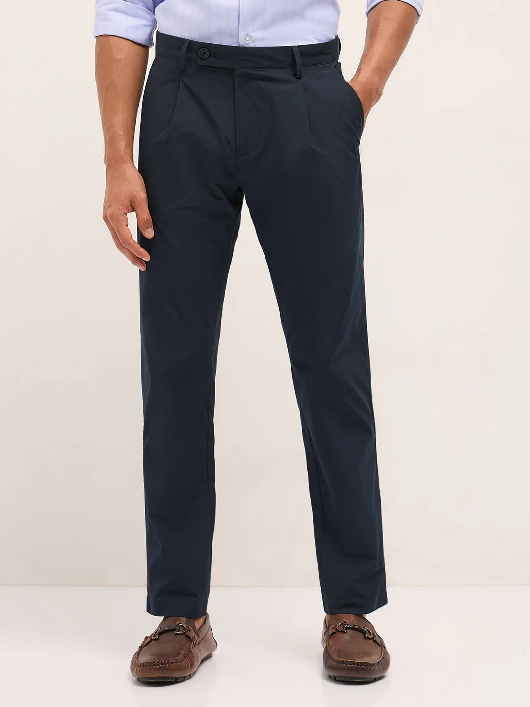 Men Navy Blue Poly Cotton Solid Regular Fit Formal Trousers - Image 7