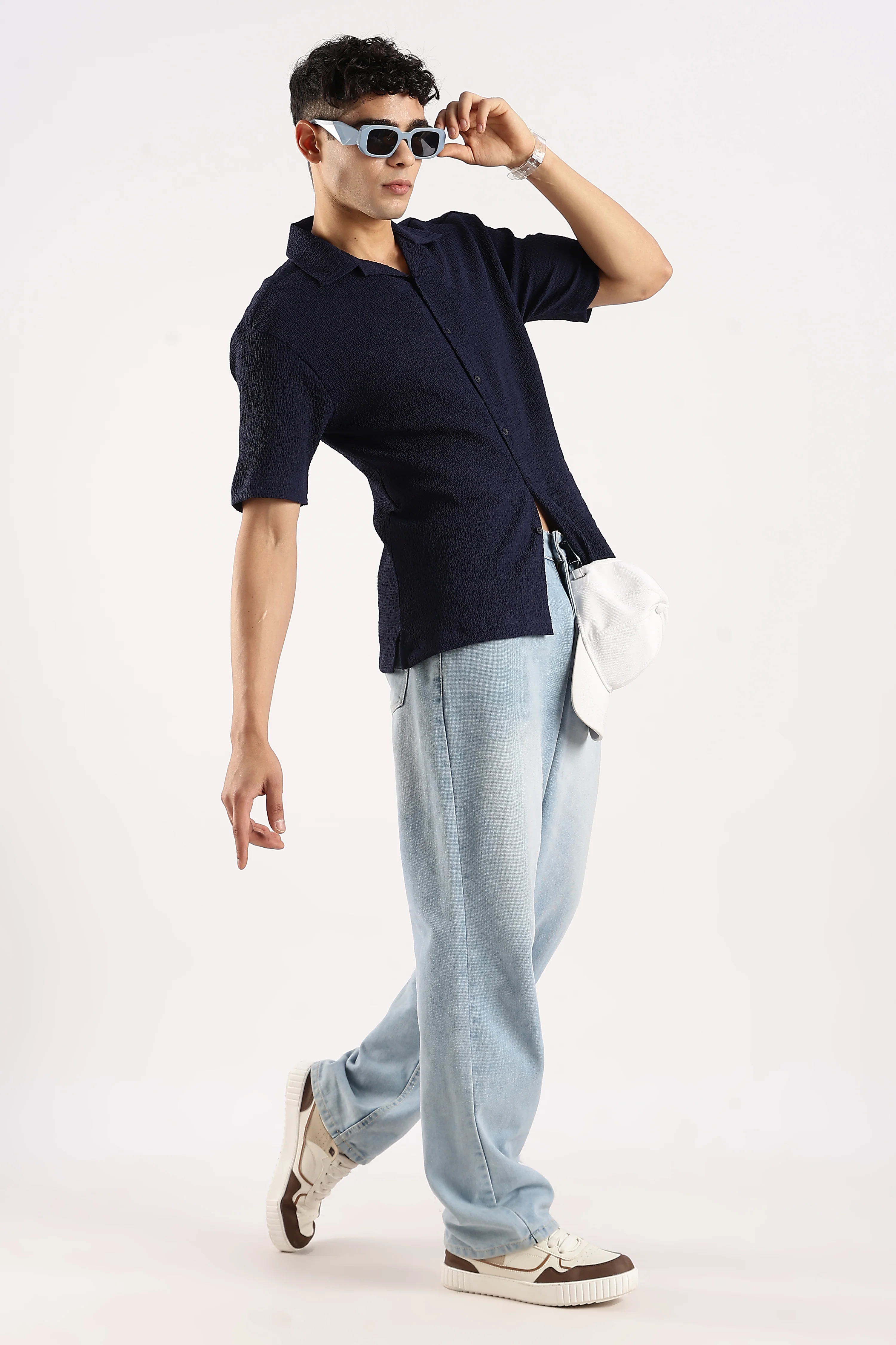 Men Navy Blue Poly Textured Shirt - Image 10