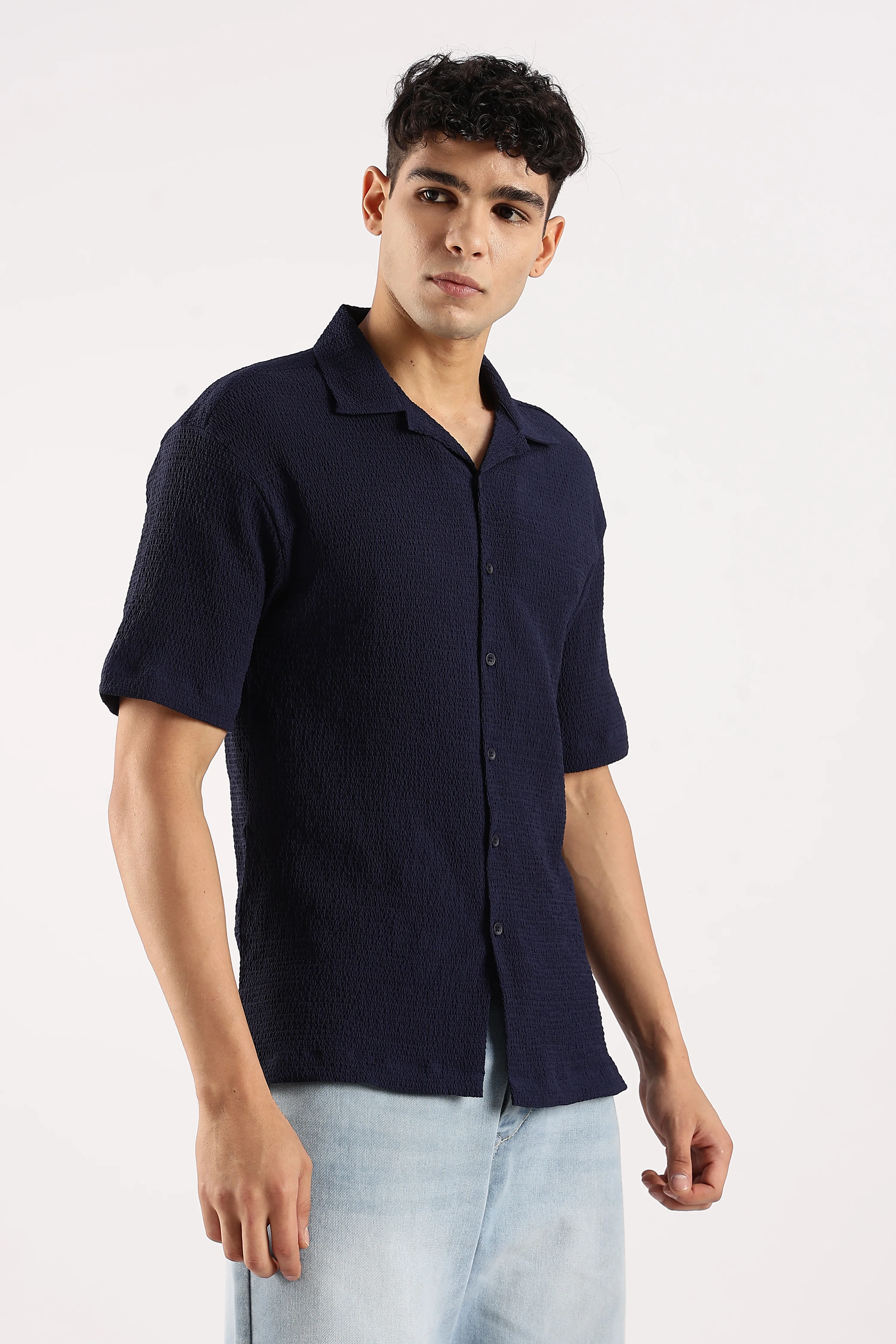 Men Navy Blue Poly Textured Shirt - Image 2