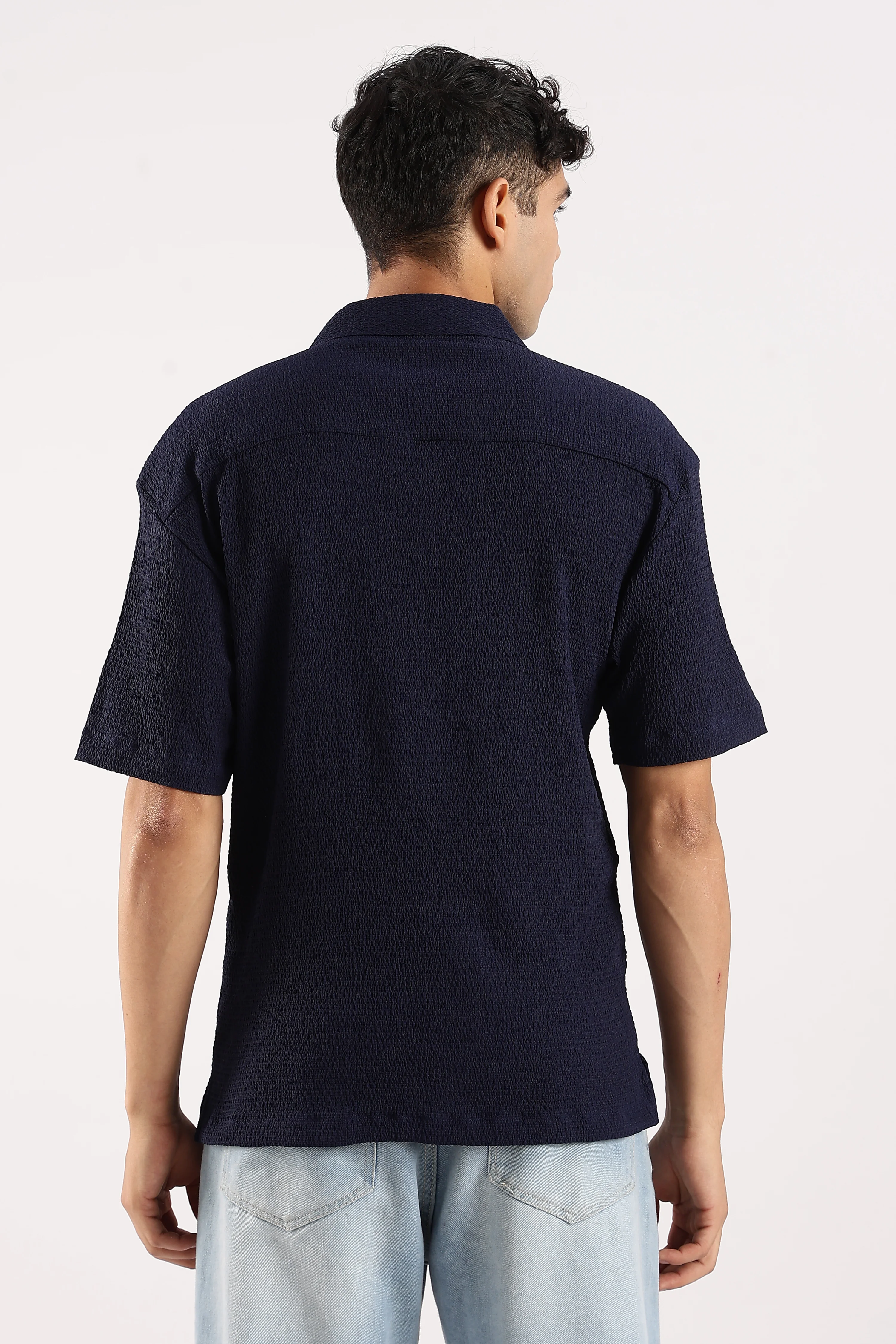 Men Navy Blue Poly Textured Shirt - Image 3