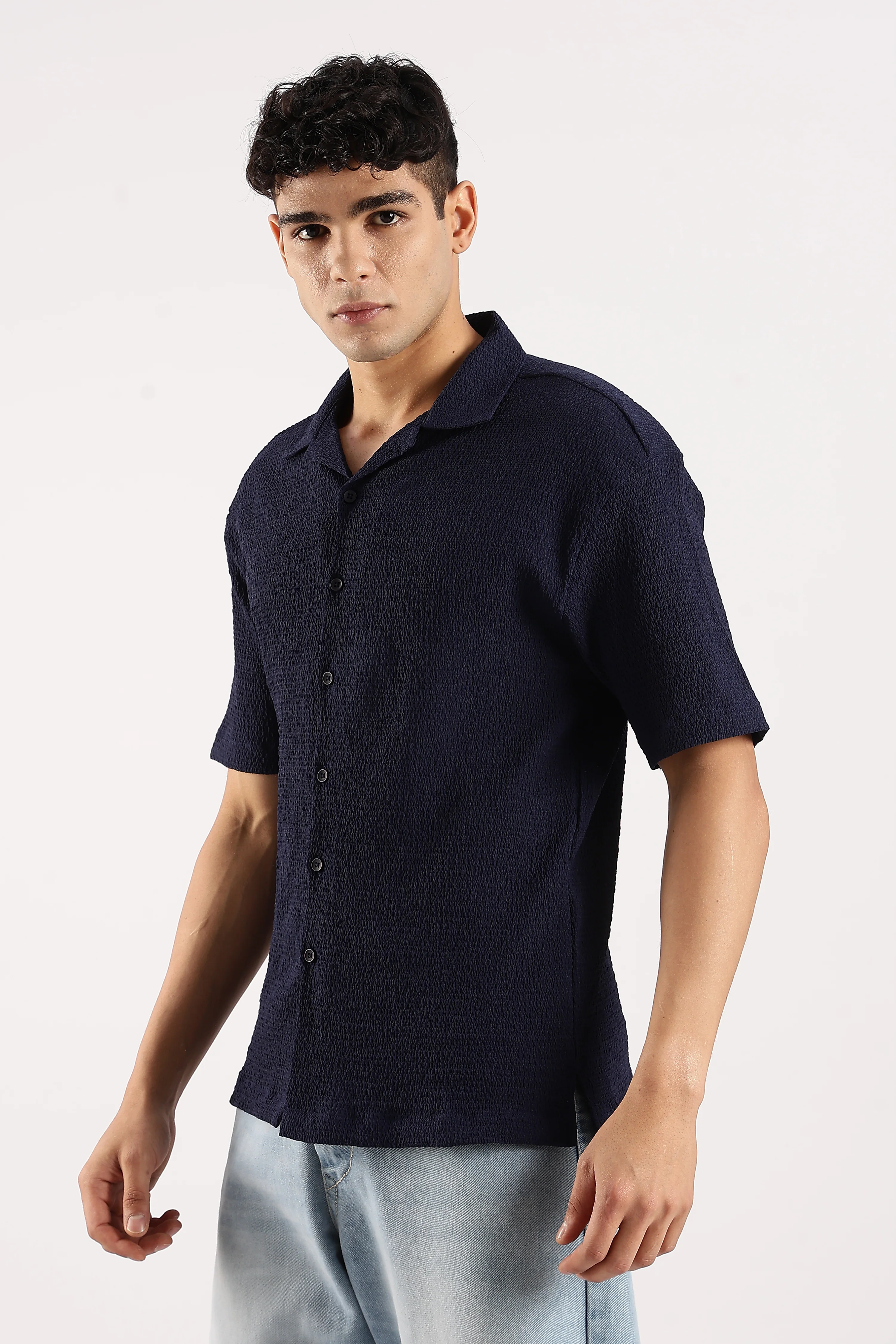 Men Navy Blue Poly Textured Shirt - Image 4