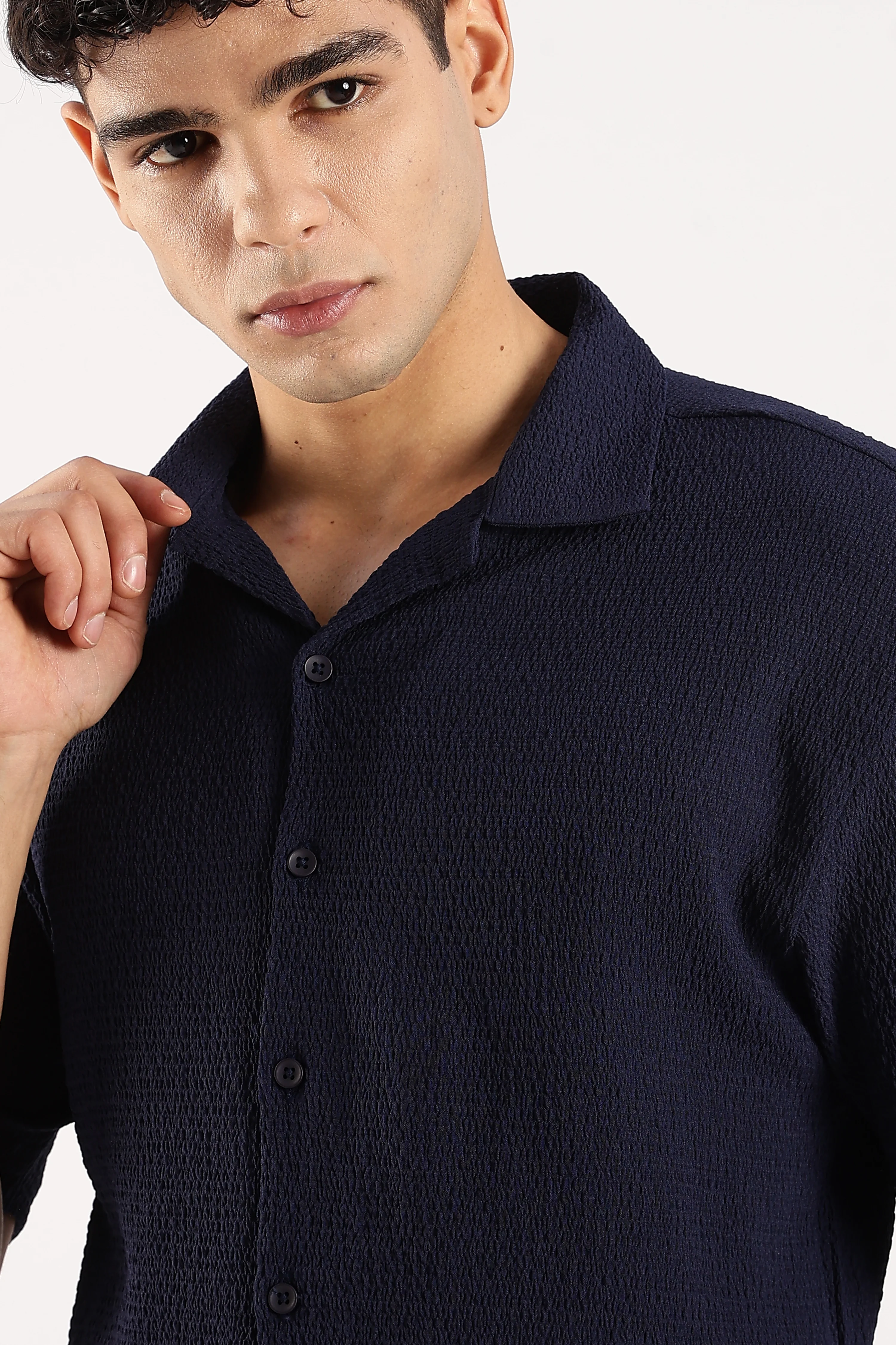 Men Navy Blue Poly Textured Shirt - Image 5
