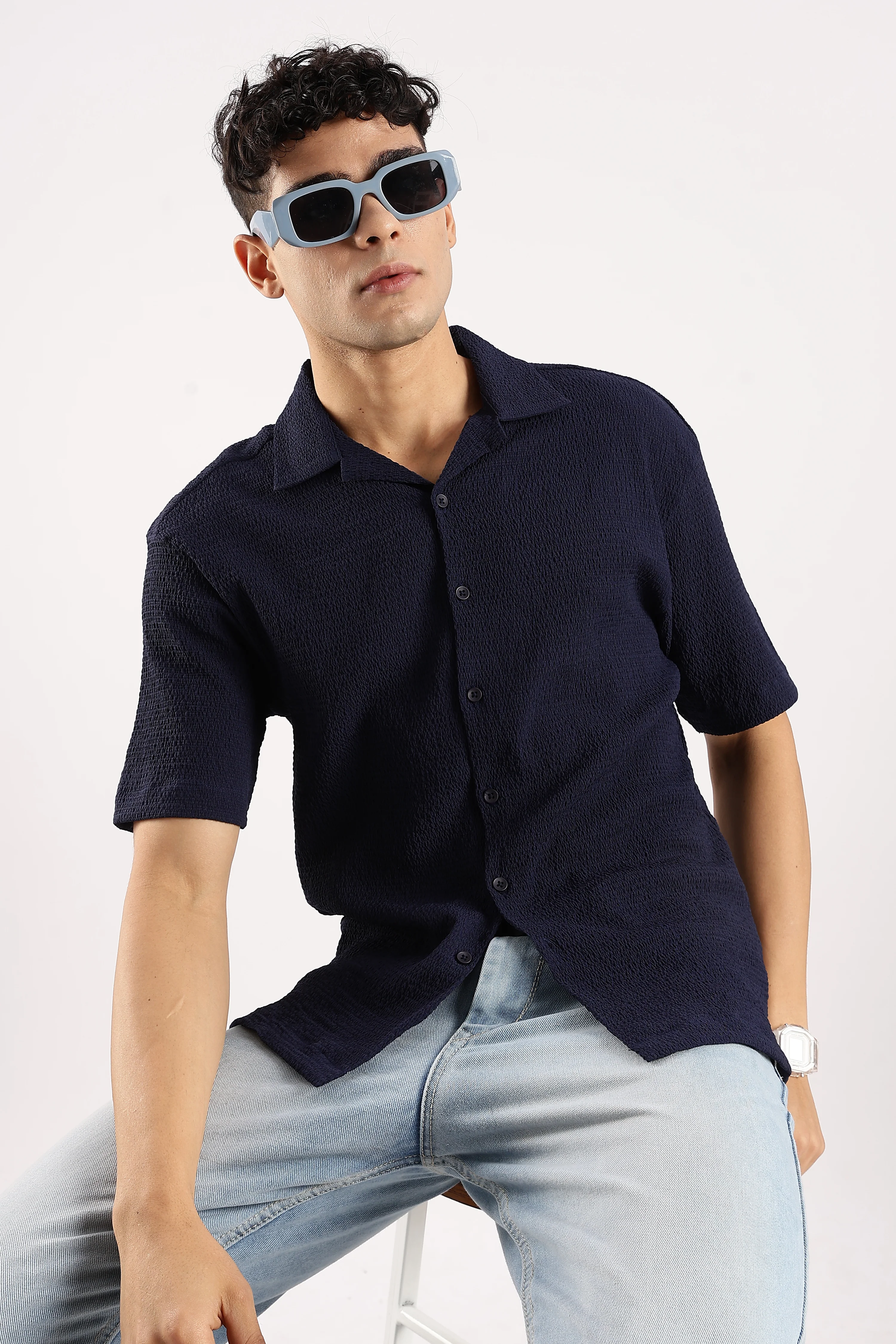 Men Navy Blue Poly Textured Shirt - Image 6