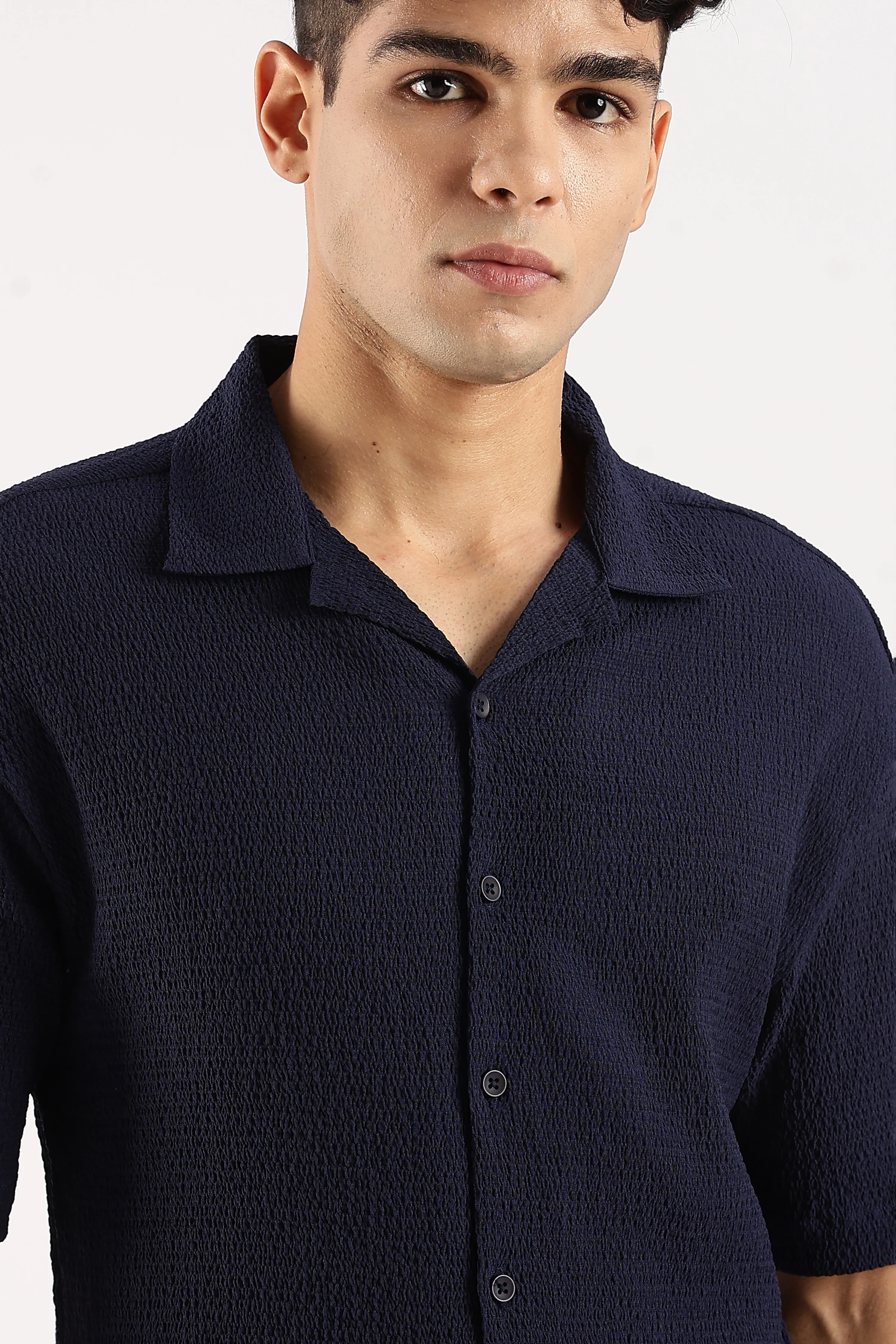 Men Navy Blue Poly Textured Shirt - Image 7