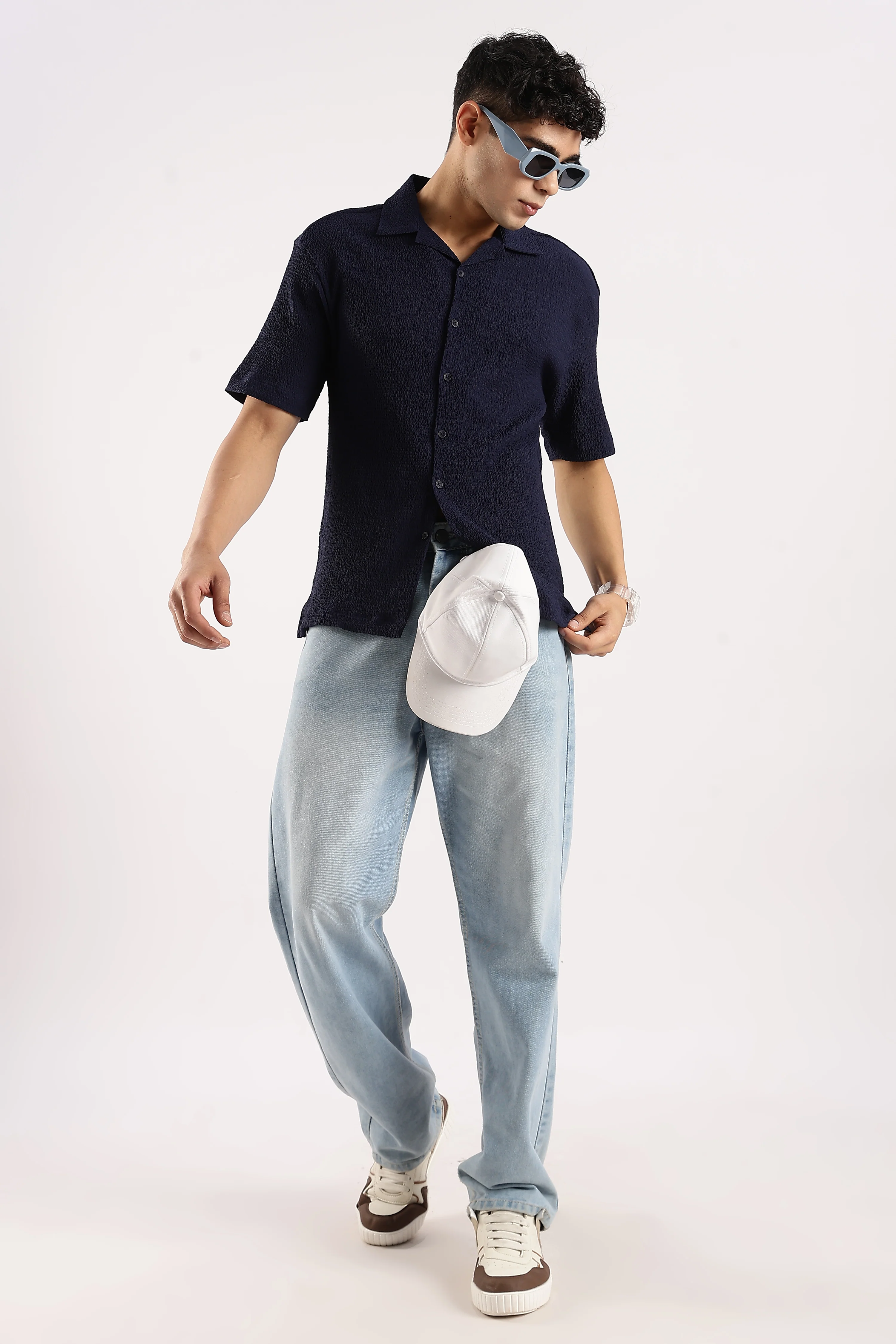 Men Navy Blue Poly Textured Shirt - Image 8