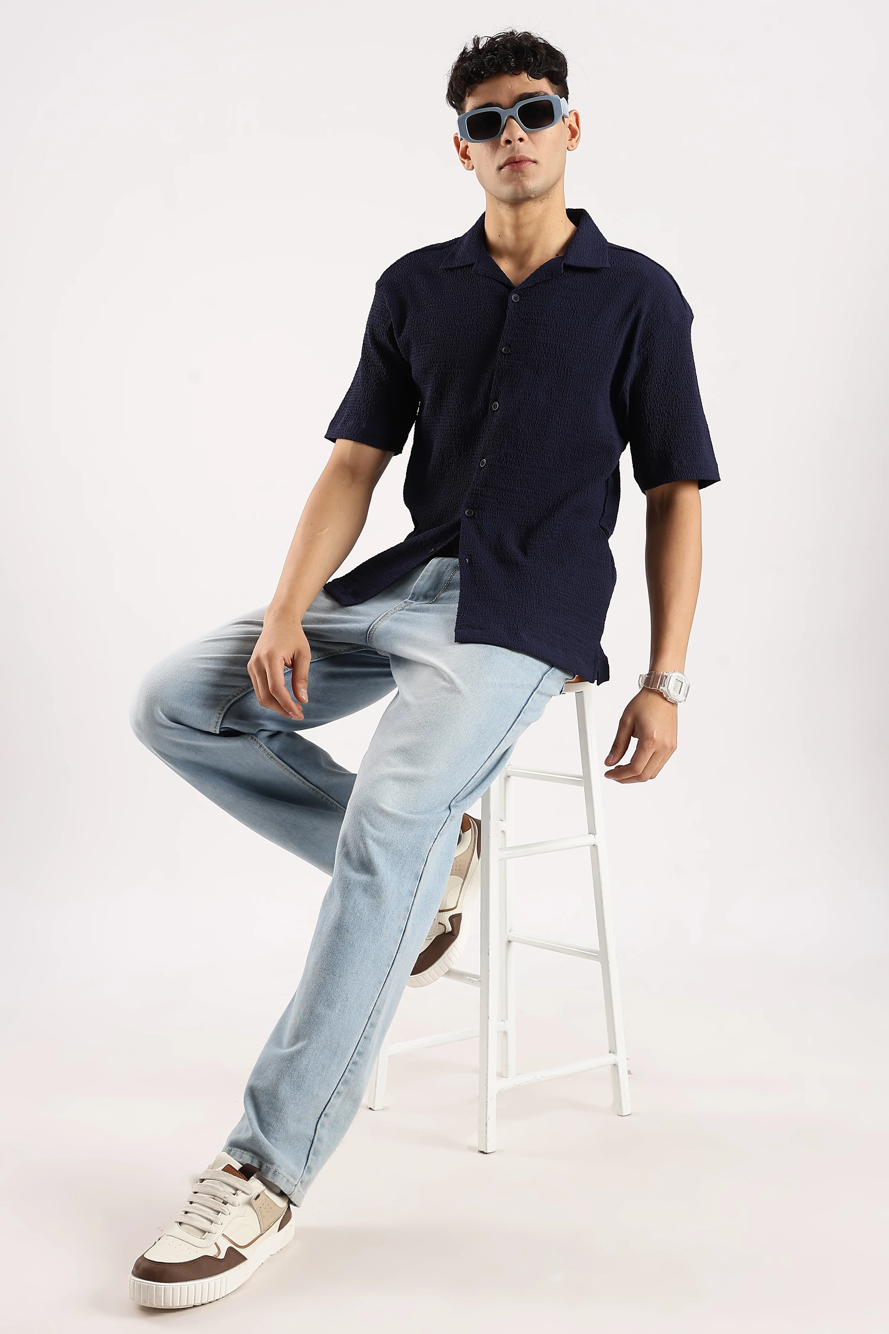 Men Navy Blue Poly Textured Shirt - Image 9