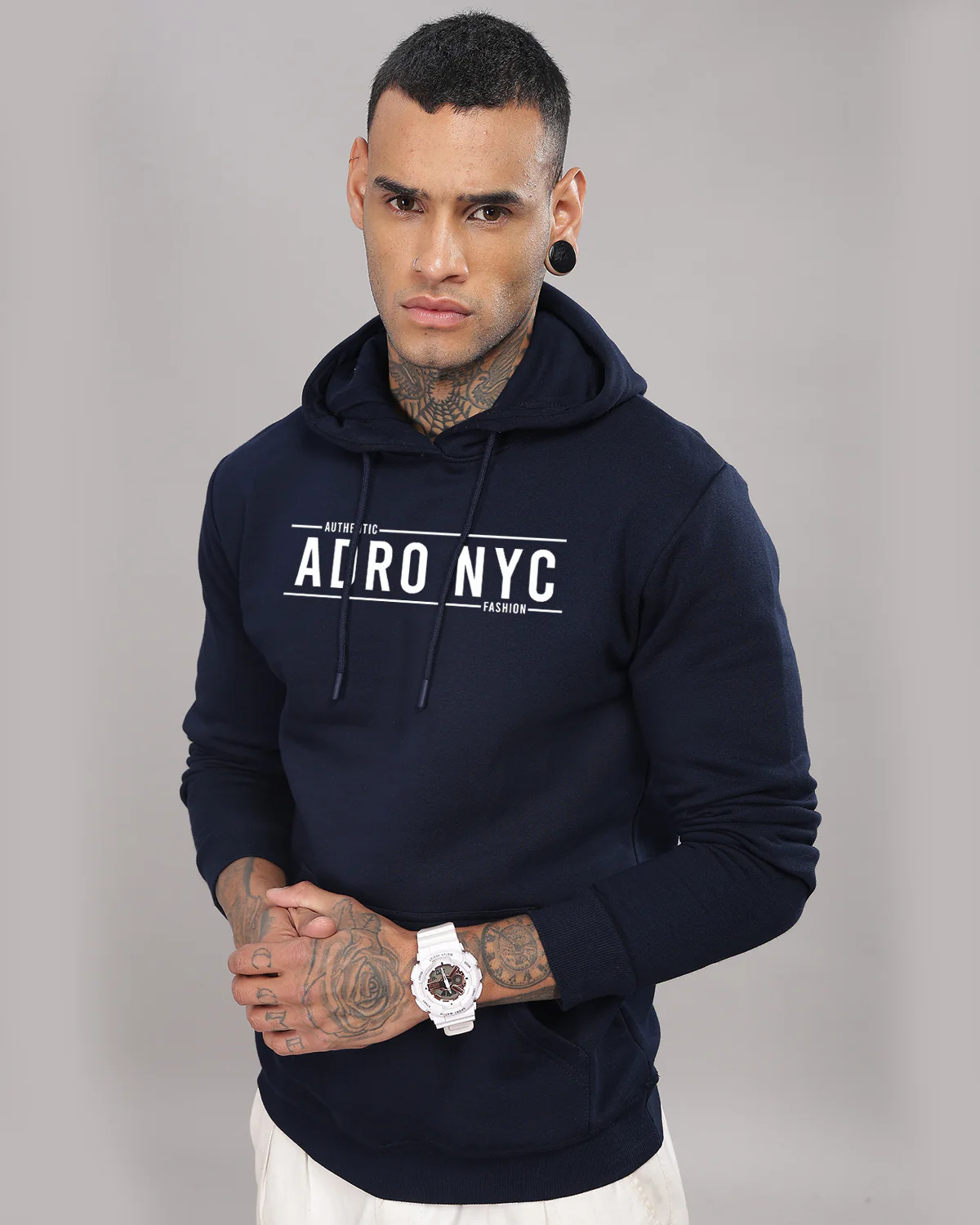 Men Navy Blue Printed Hoodie - Image 3