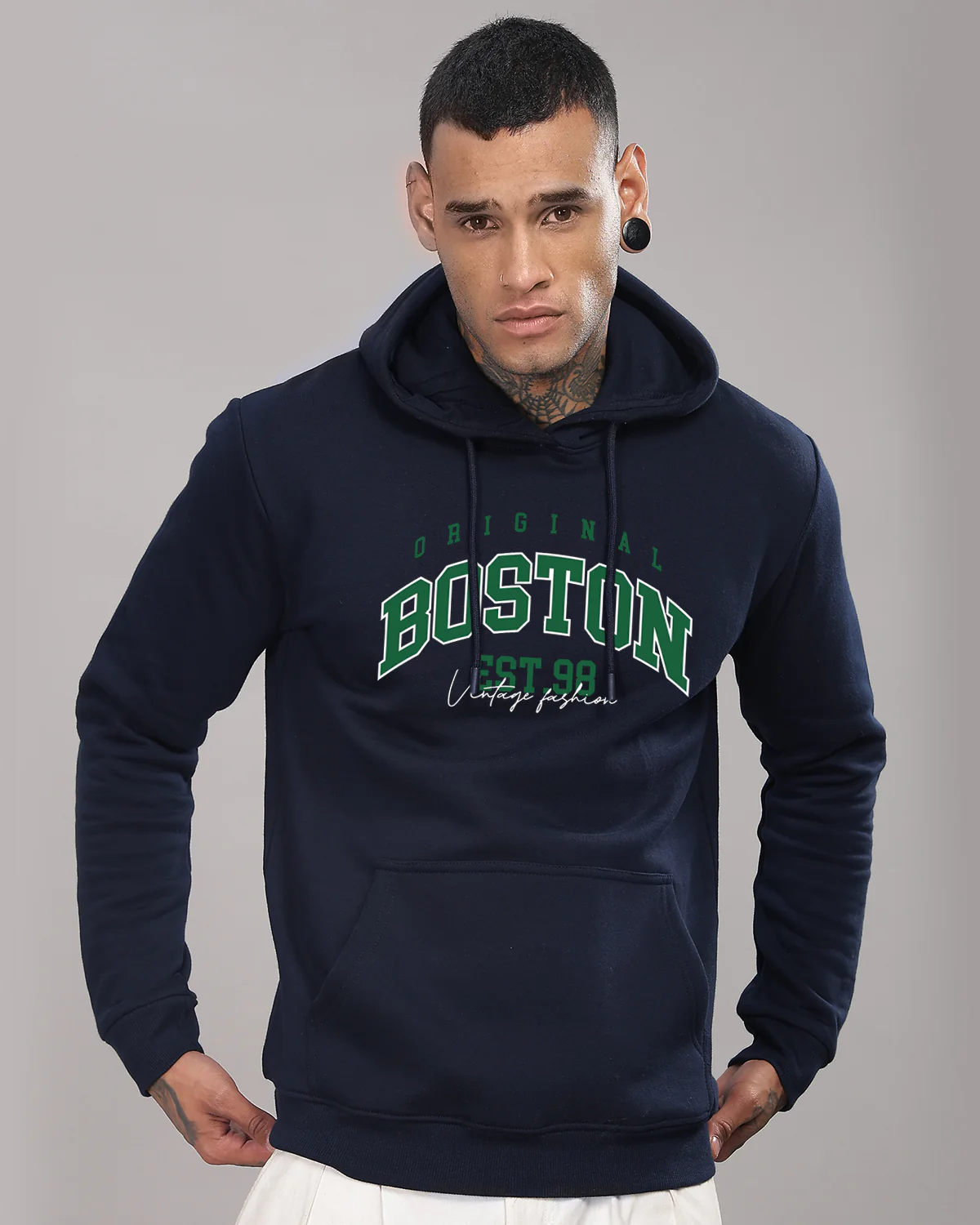 Men Navy Blue Printed Hoodie - Image 2