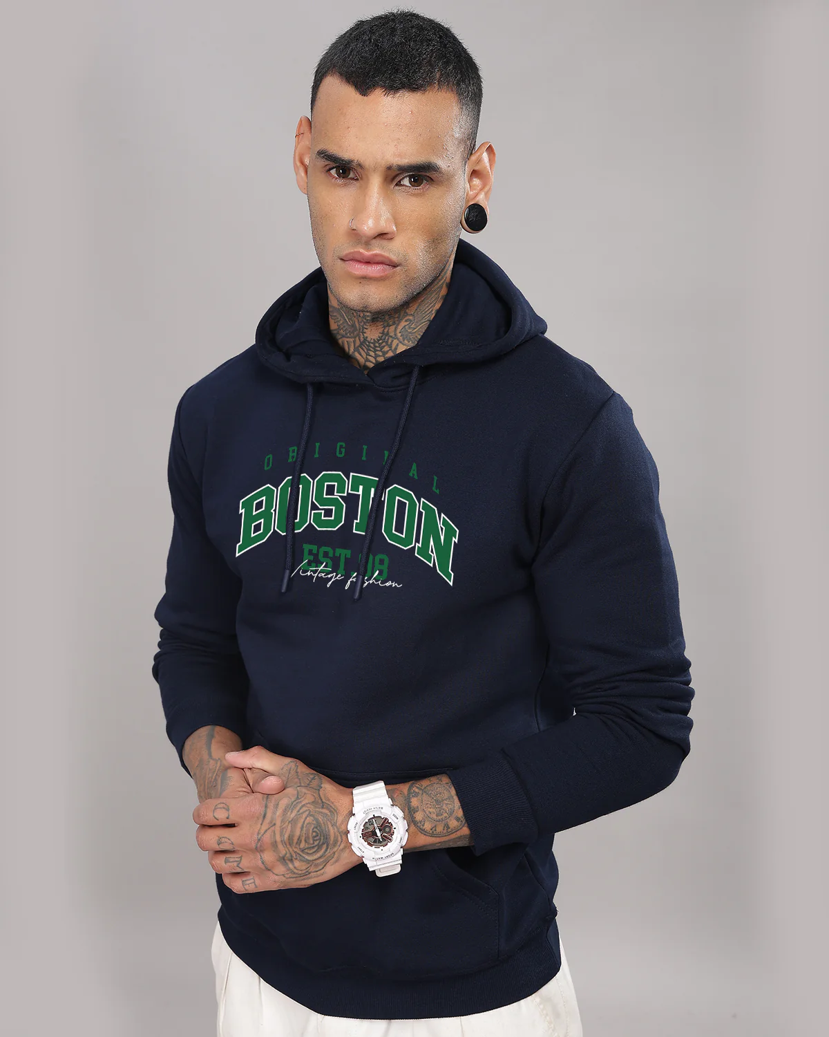 Men Navy Blue Printed Hoodie - Image 5