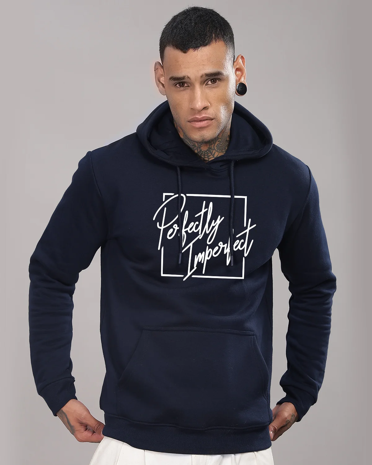 Men Navy Blue Printed Hoodie - Image 2