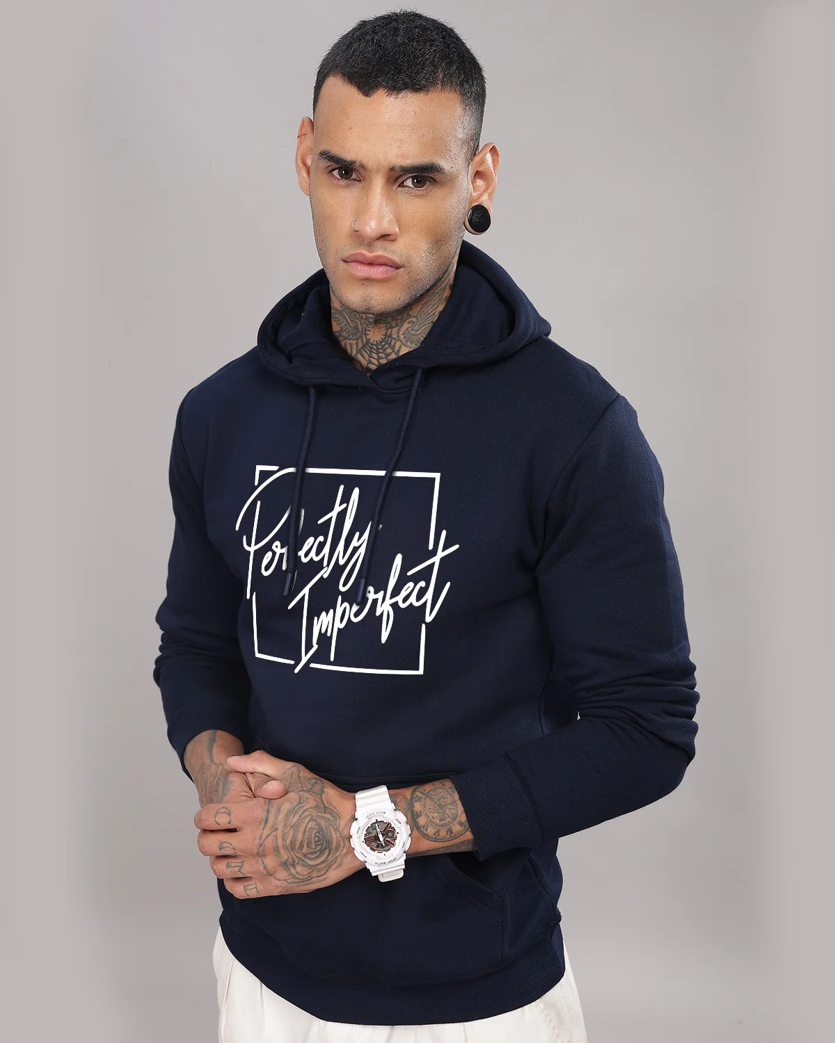 Men Navy Blue Printed Hoodie - Image 5