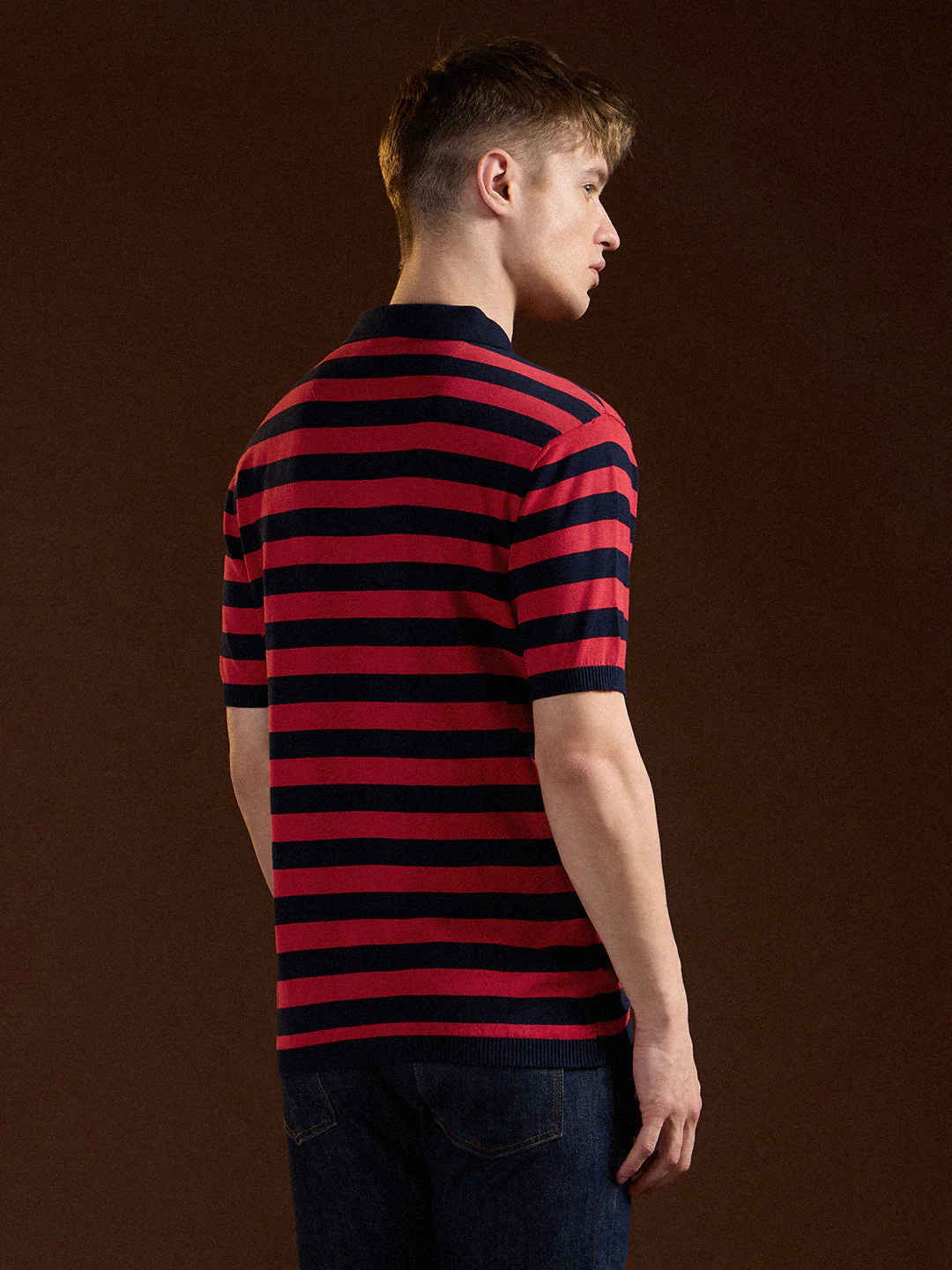 Men Navy Blue & Red Horizontal stripes Design Slim Fit Polo - Image 2