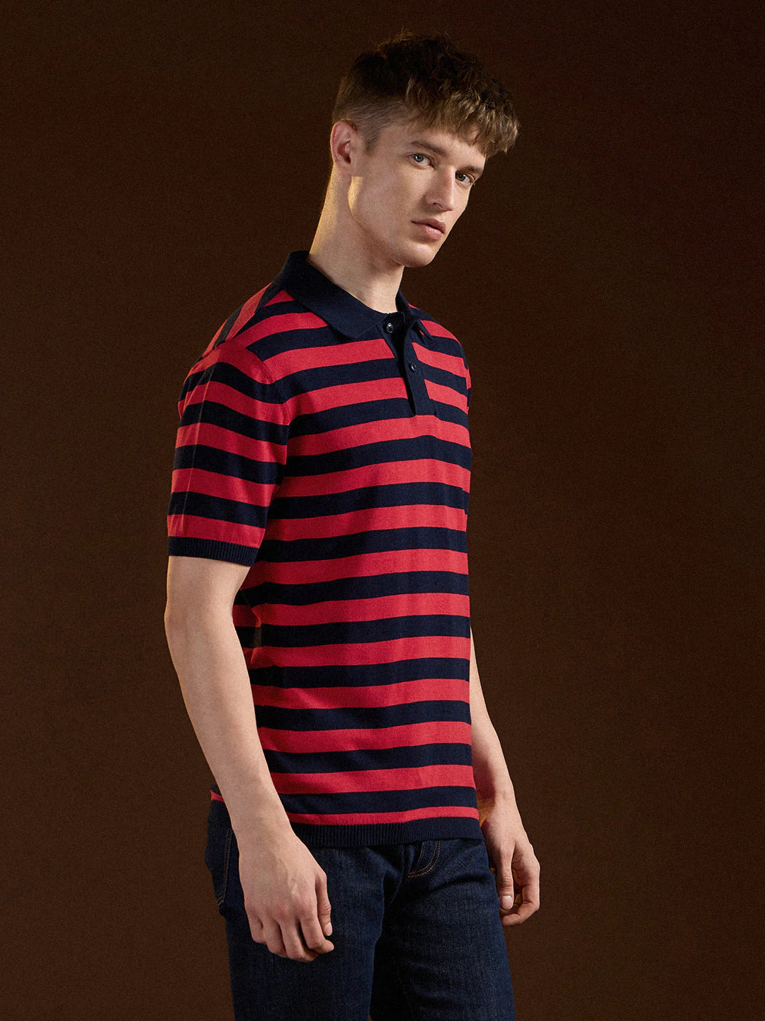 Men Navy Blue & Red Horizontal stripes Design Slim Fit Polo - Image 3