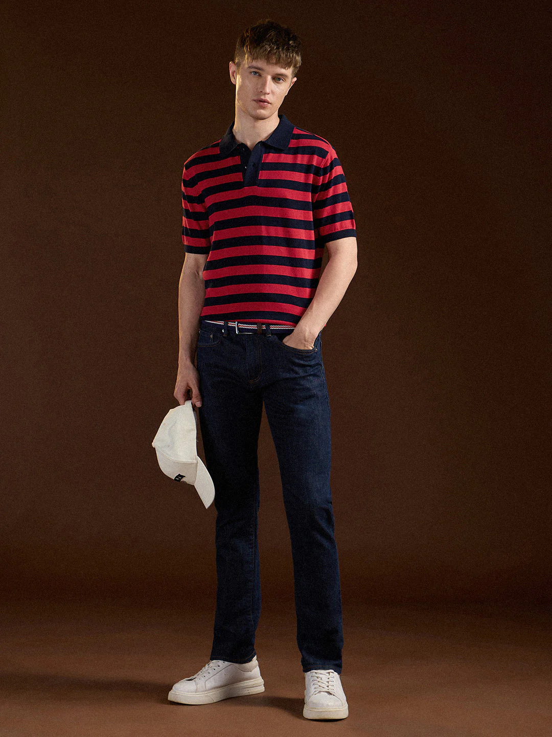 Men Navy Blue & Red Horizontal stripes Design Slim Fit Polo - Image 4