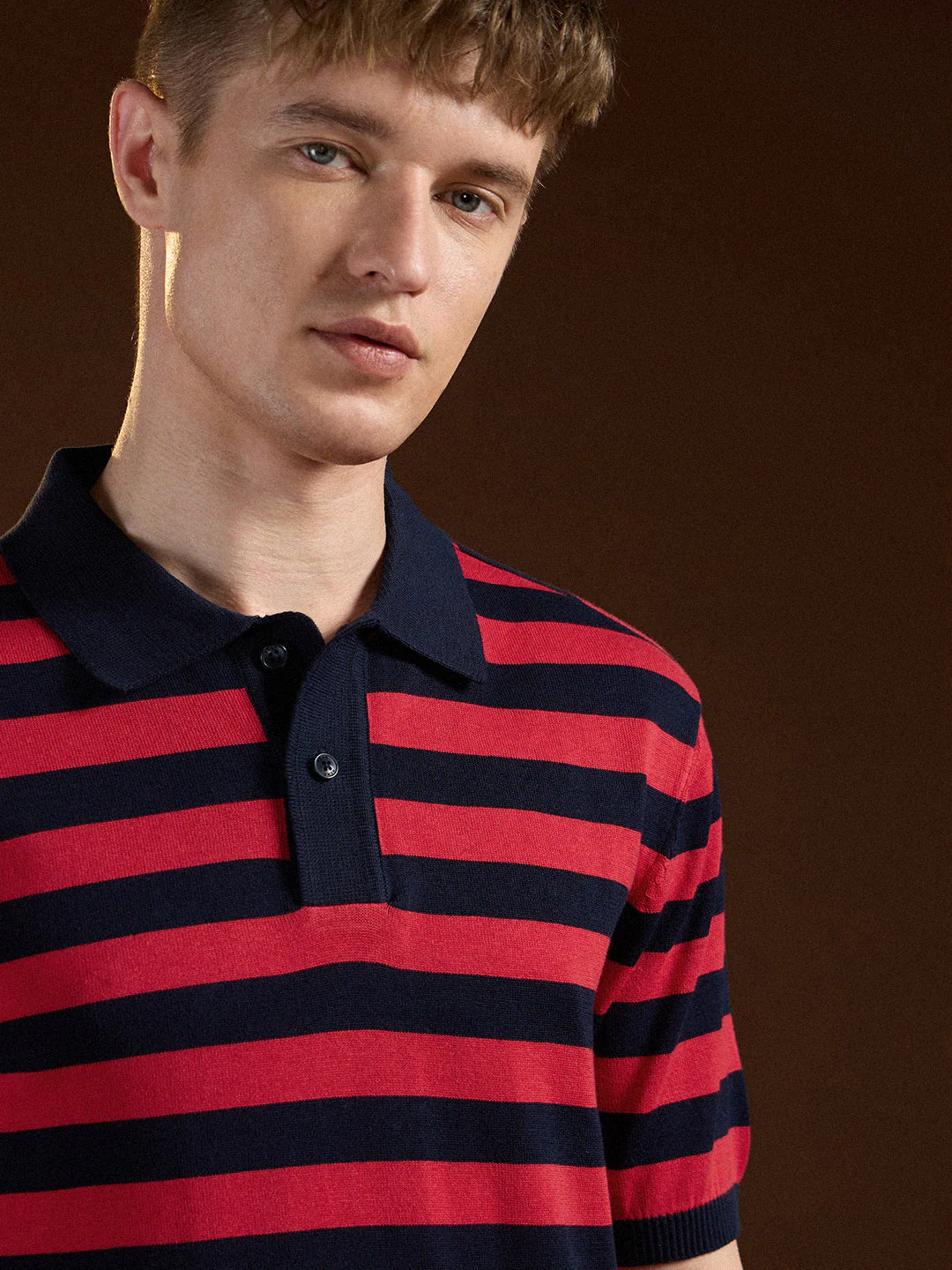 Men Navy Blue & Red Horizontal stripes Design Slim Fit Polo - Image 5