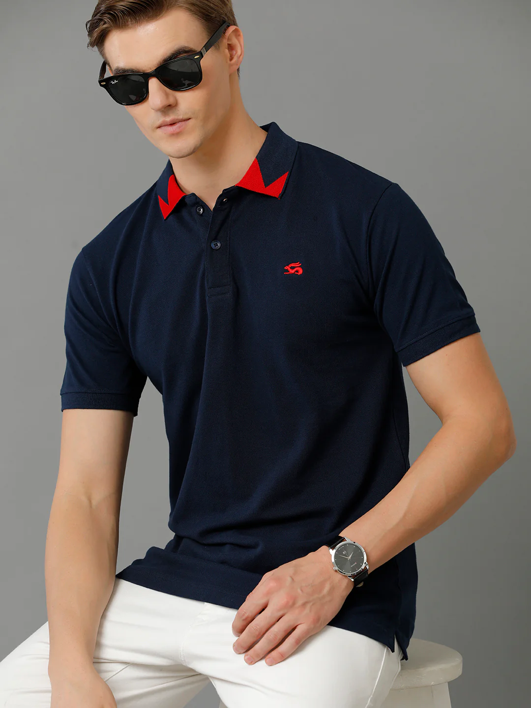 Men Navy Blue Regular Fit Polo T-Shirt - Image 6
