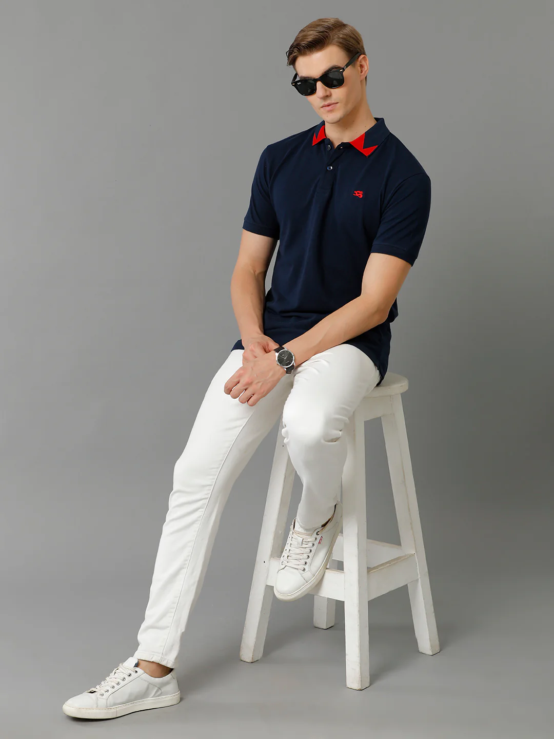 Men Navy Blue Regular Fit Polo T-Shirt - Image 7